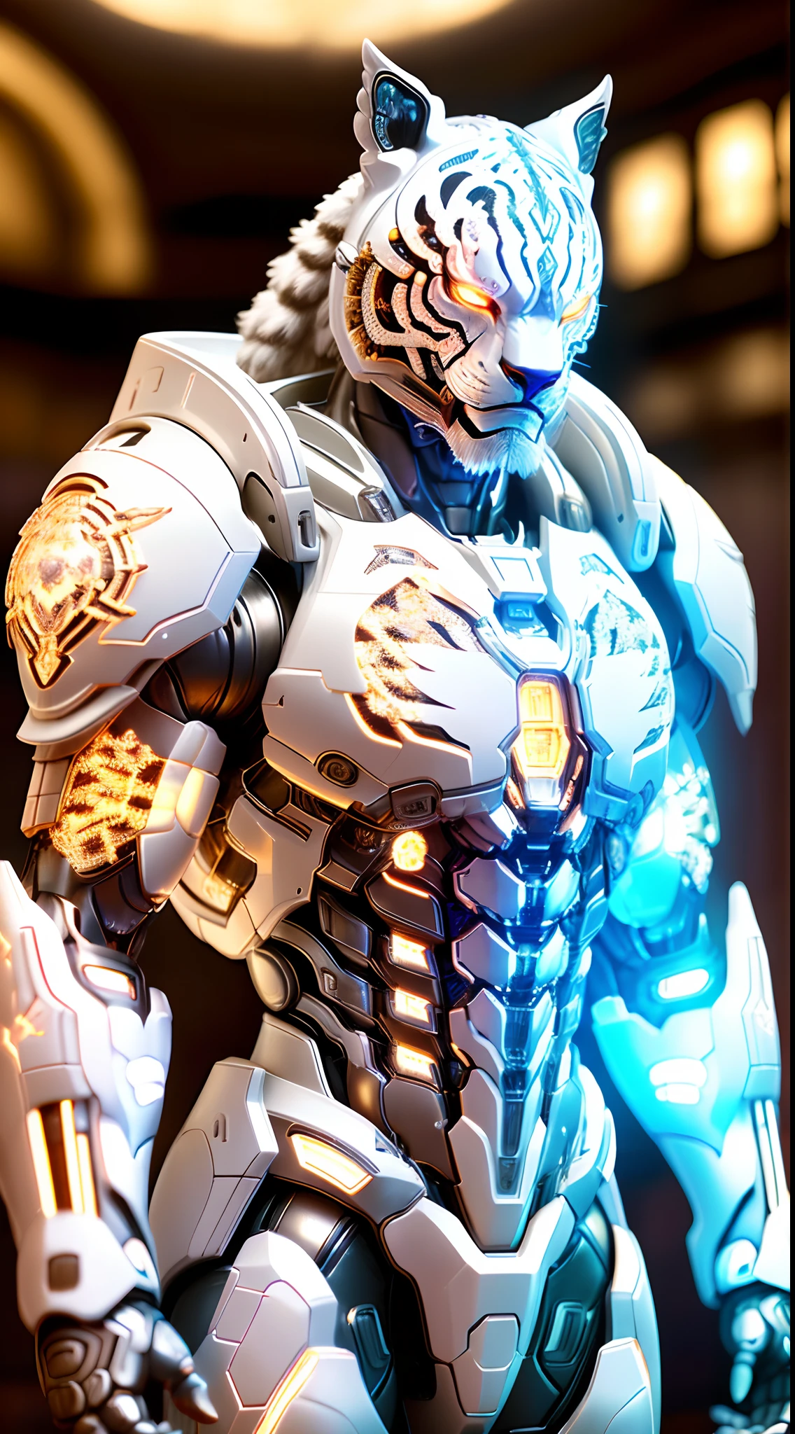 White Tiger - the futuristic biomechanical android, beautiful natural soft light, rim light, gold fractal details, metallic fine lace, muscular, mandelbot fractal anatomical, diamond, facial muscles, elegant, ultra detailed,