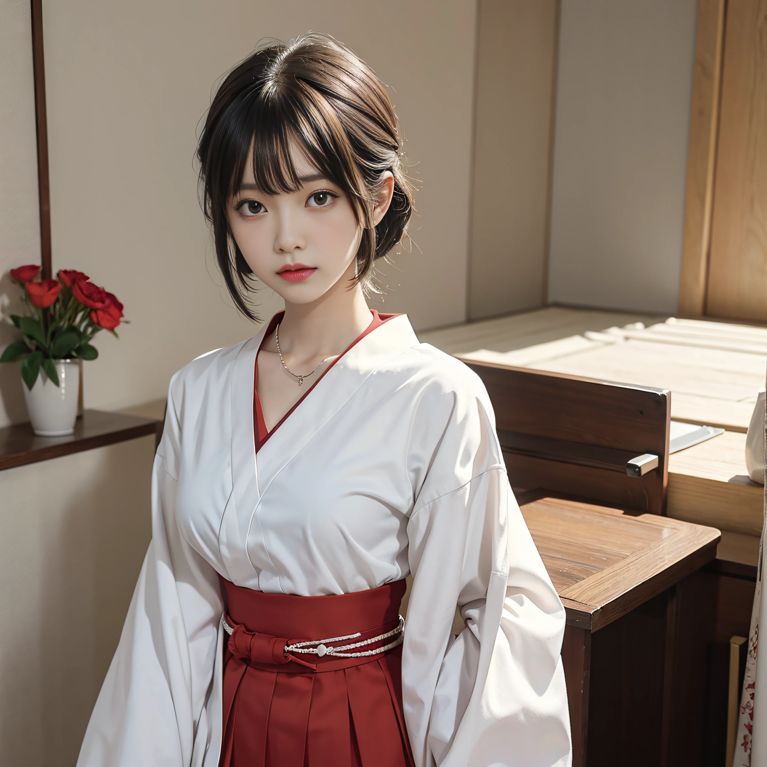 arafed asian woman with a white shirt and a necklace, With short hair, white hime cut hairstyle, neat hair with bangs, with short hair with bangs, real life anime girl, the face of a beautiful Japanese girl, girl cute-fine-face, cute natural anime face, young cute wan asian face, Korean Girl, Woman in red skirt and white shirt is taking pictures, japanese girl school uniform, hakama kimono, Japan school uniform, Collar white and red, A Japanese style, Red kimono, Japanese style, traditional japanese, Wearing Hakama, japanese kimono, The background is indoor,No bra,feet visible ,You can see the valley ,cleavage of the breast ,Furisode ,Wide sleeves ,Wearing a priestess uniform ,shoulders can be seen ,Shoulder skin is visible ,Shoulders exposed ,Chest revealed ,The chest is visible