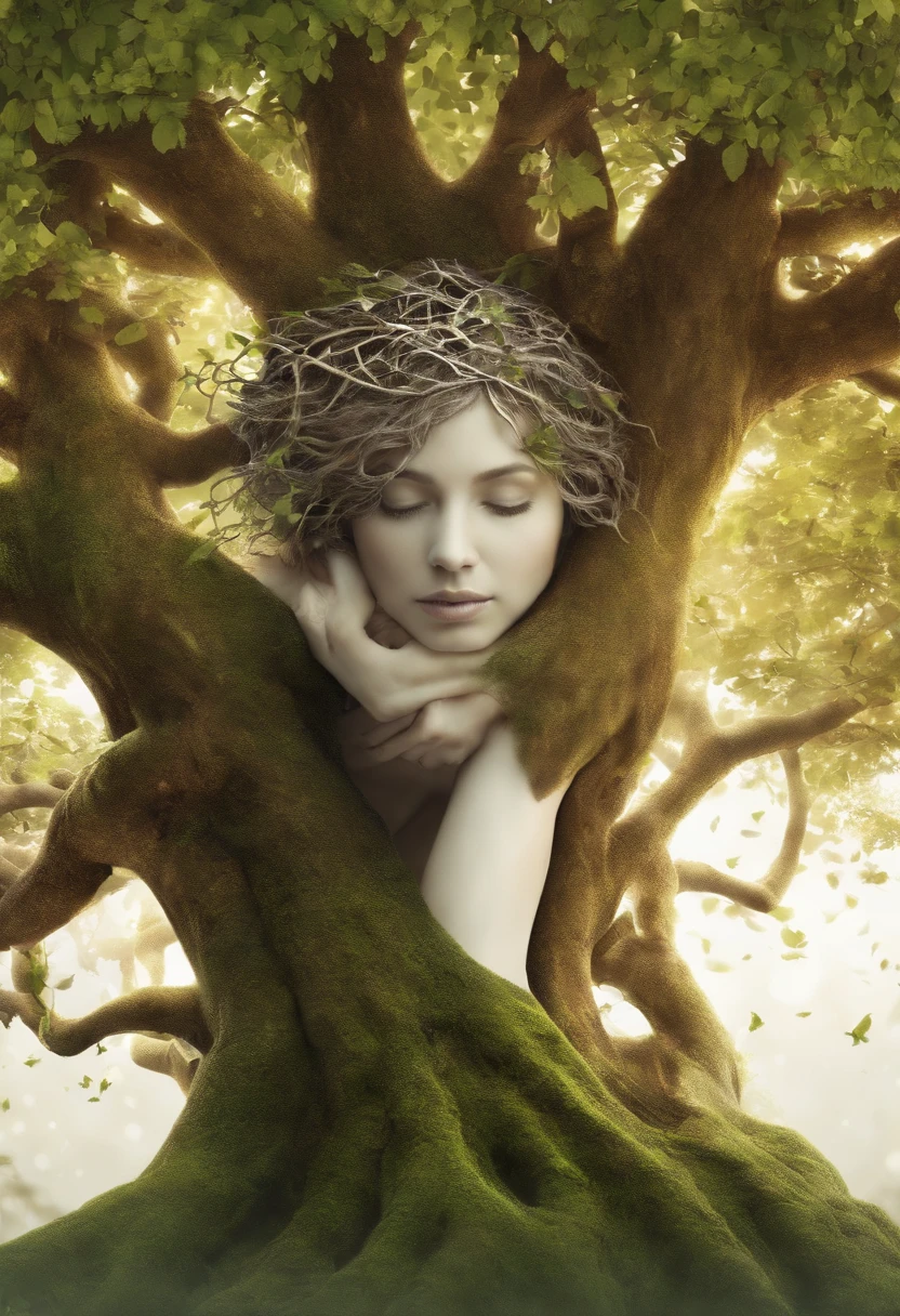 close up, Arbomorph A hug of woman face turn into a leafy tree, with roots as legs, branches like arms, some leaves fly on a white background,l