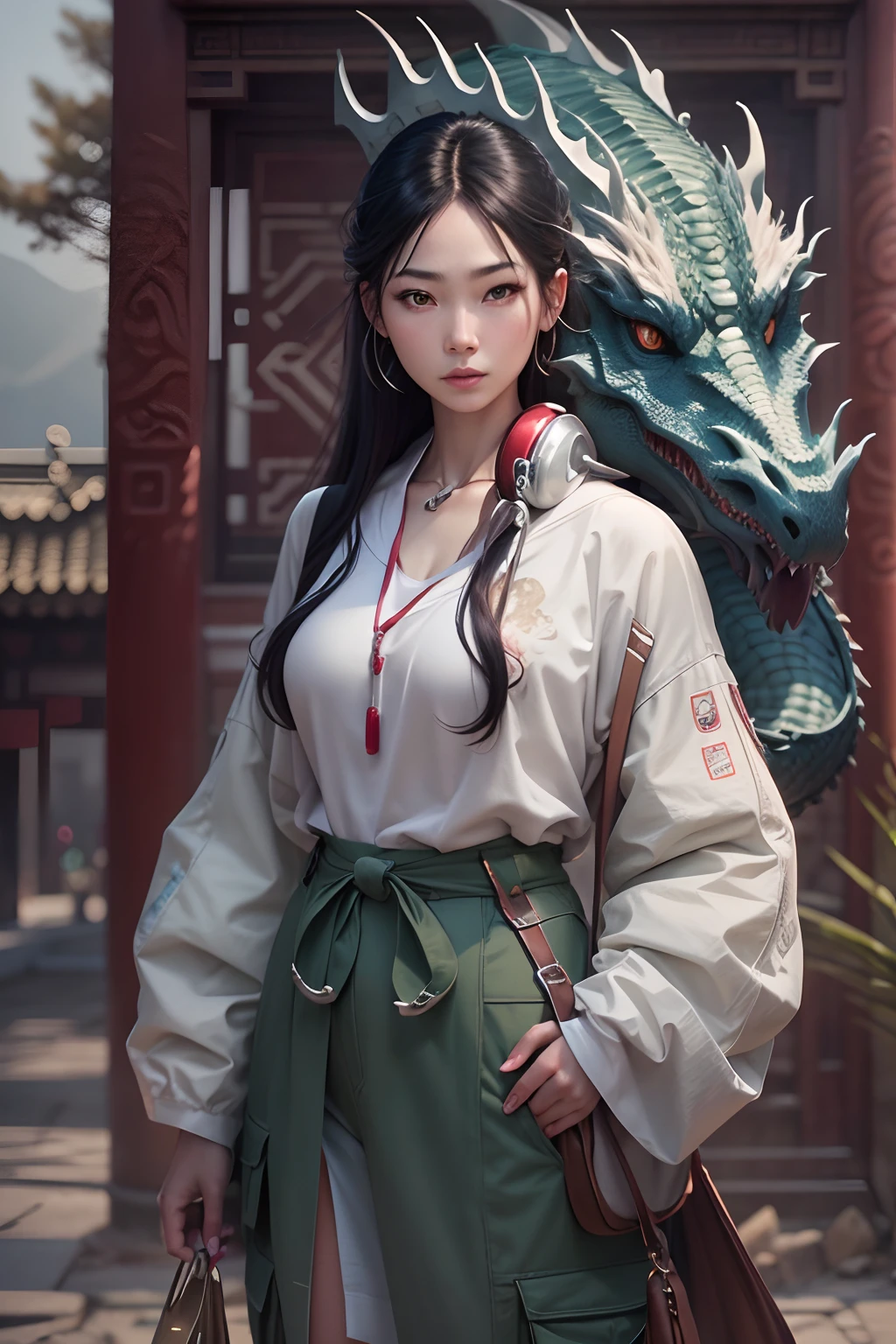 A girl in stylish modern clothes and a dragon，Chinese Green Dragon, （（Girl carrying a travel bag，Have headphones around your neck）），（He wears fashionable clothes：1.4），（cargo pants：1.2），（There is a dragon motif on the clothes），Perfect facial features，Clear and detailed face，long whitr hair, As graceful as a swan, wisdom, mod, Chinese White Dragon，There are scales, banya, , , dragon claw,The background is the Yungang Grottoes in Datong, Shanxi, Mysterious connection, Aegis, Trust，Realistic image quality，photorealestic，8K，best qualtiy，tmasterpiece，movie-level quality，High chiaroscuro，rendering by octane