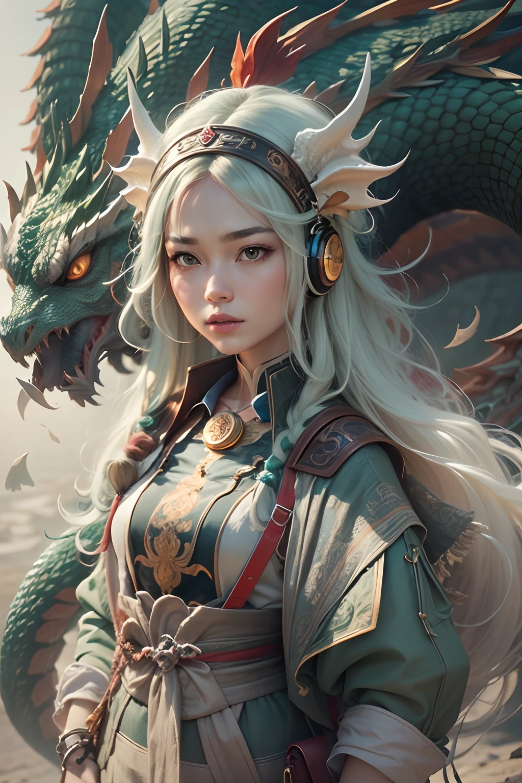 masterpiece, best quality,Chinese fairy, 1girl\(loli\) and iris red dragon, Chinese dragon pan glaring at girl, bun, dark gray background,