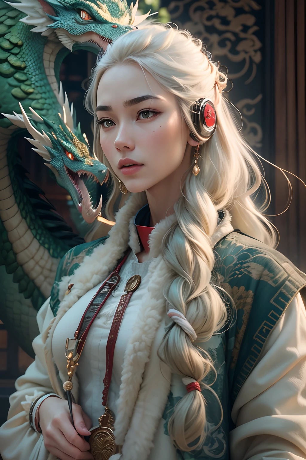 A girl in stylish modern clothes and a dragon,Chinese Green Dragon, ((Girl carrying a travel bag,Have headphones around your neck)),(He wears fashionable clothes:1.4),(cargo pants:1.2),(There is a dragon motif on the clothes),Perfect facial features,Clear and detailed face,long whitr hair, As graceful as a swan, wisdom, mod, Chinese White Dragon,There are scales, banya, , , dragon claw,The background is the Yungang Grottoes in Datong, Shanxi, Mysterious connection, Aegis, Trust,Realistic image quality,photorealestic,8K,best qualtiy,tmasterpiece,movie-level quality,High chiaroscuro,rendering by octane
