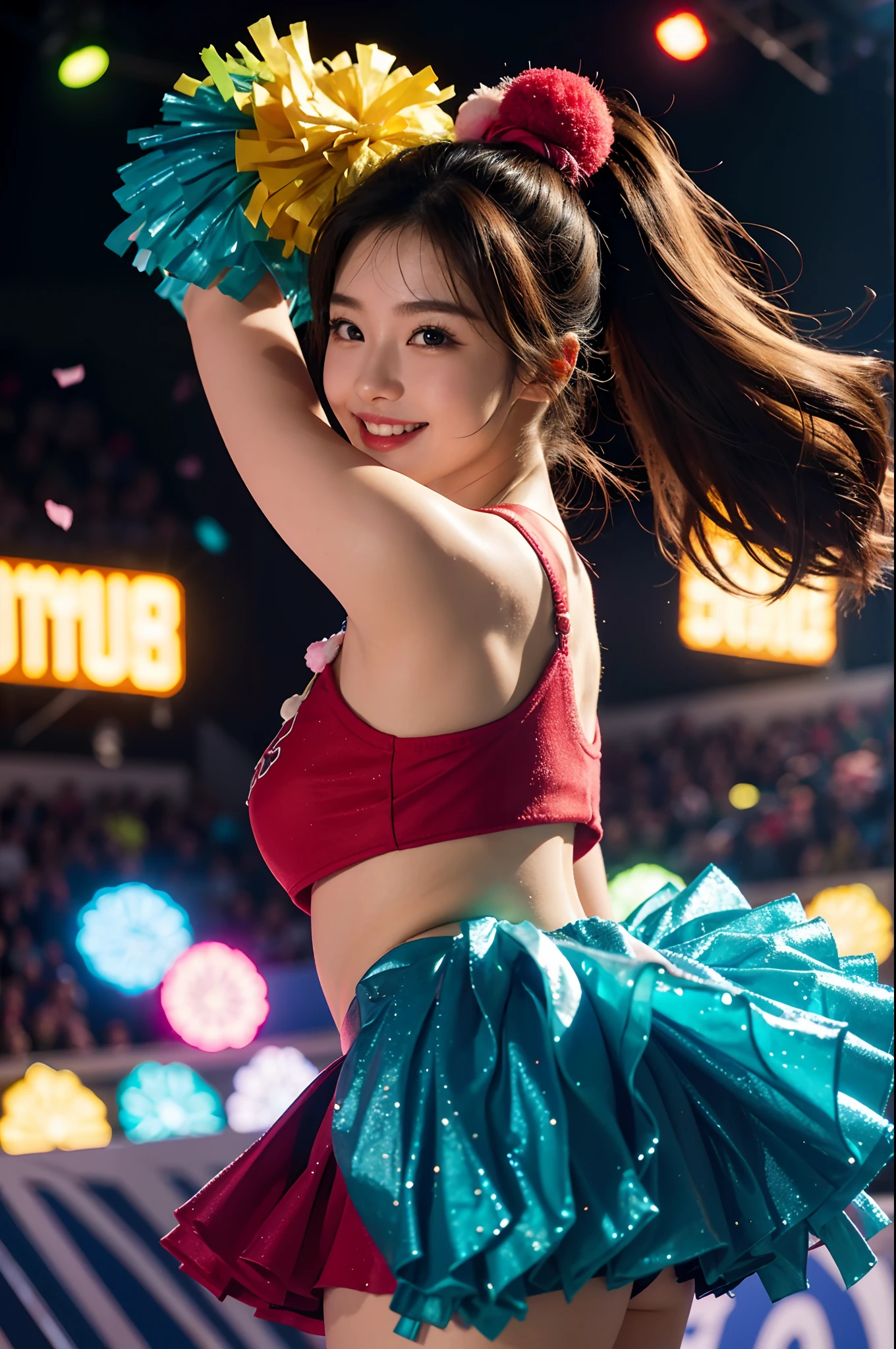 Beautiful Korean idol cheerleader
posters,Painting,high resolution,Ultra-detailed,Realistic:1.37,Vivid colors,hdr,Studio lighting,Sharp focus,
Dance energetically,Smiling happily,Perfect makeup,Stunning costumes,
crowd cheering,exciting atmosphere,dynamicposes,Expressive movements,
Beautiful hair,Sparkling eyes,rosycheeks,full pouty lips,
Colorful pompoms,Flying confetti,Glowing spotlights,
Fascinating performance,Spirited cheers,Unforgettable memories