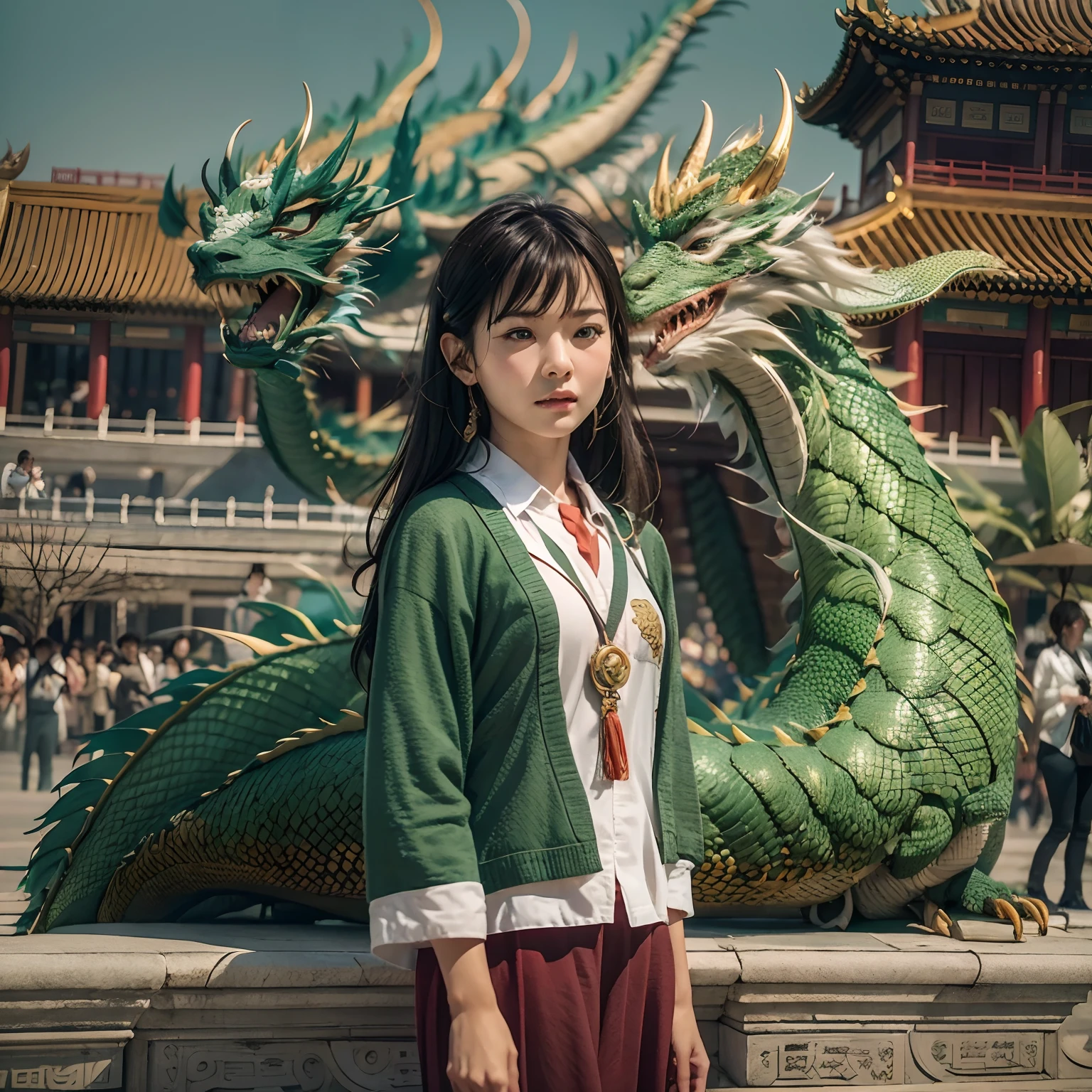 A girl and a dragon，Chinese Green Dragon, （（Girls wearing school uniforms）），（He wears a student uniform：1.4），（Fabric trousers：1.2），（Dragon motifs on clothes），Perfect facial features，delicated face，long whitr hair, As graceful as a swan, wisdom, mod, chinesedragon，scutes, banya, 火焰, , dragon claw,Long stands on the roof of Beijing's Tiananmen Square，The background is Beijing's Tiananmen Square, Mysterious connection, Aegis, Trust，Realistic image quality，photorealestic，8K，best qualtiy，tmasterpiece，movie-level quality，High chiaroscuro，rendering by octane