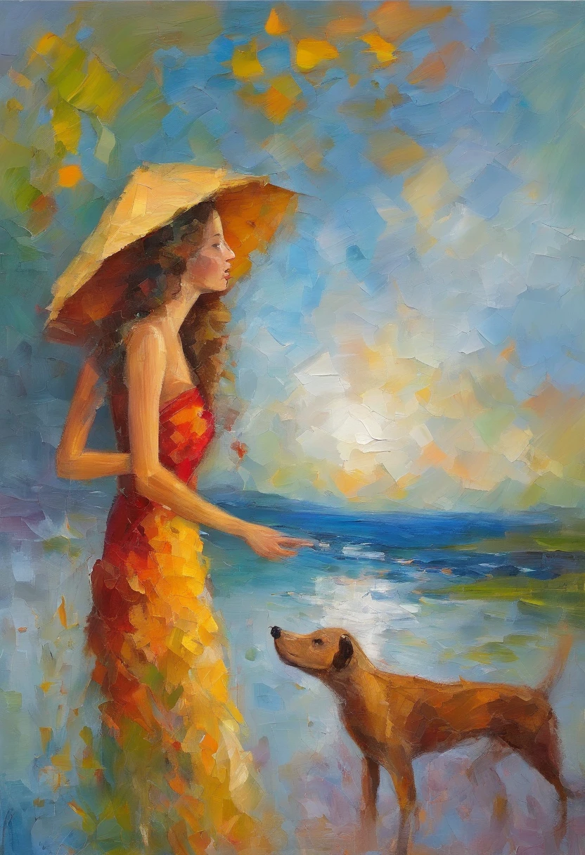 obra maestra、highest qualityr、Morning、paseo。cachorro、1chica en、Chica de las nubes、flotando en el cielo、Un primer plano、con luz brillante、felicidad、Cool sun in the morning、(chispa:0.7) 、paseo、Paisajes