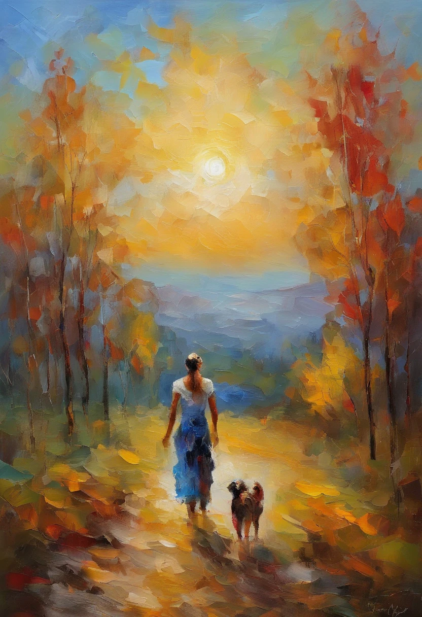 obra maestra、highest qualityr、Morning、paseo。cachorro、1chica en、Chica de las nubes、flotando en el cielo、Un primer plano、con luz brillante、felicidad、Cool sun in the morning、(chispa:0.7) 、paseo、Paisajes
