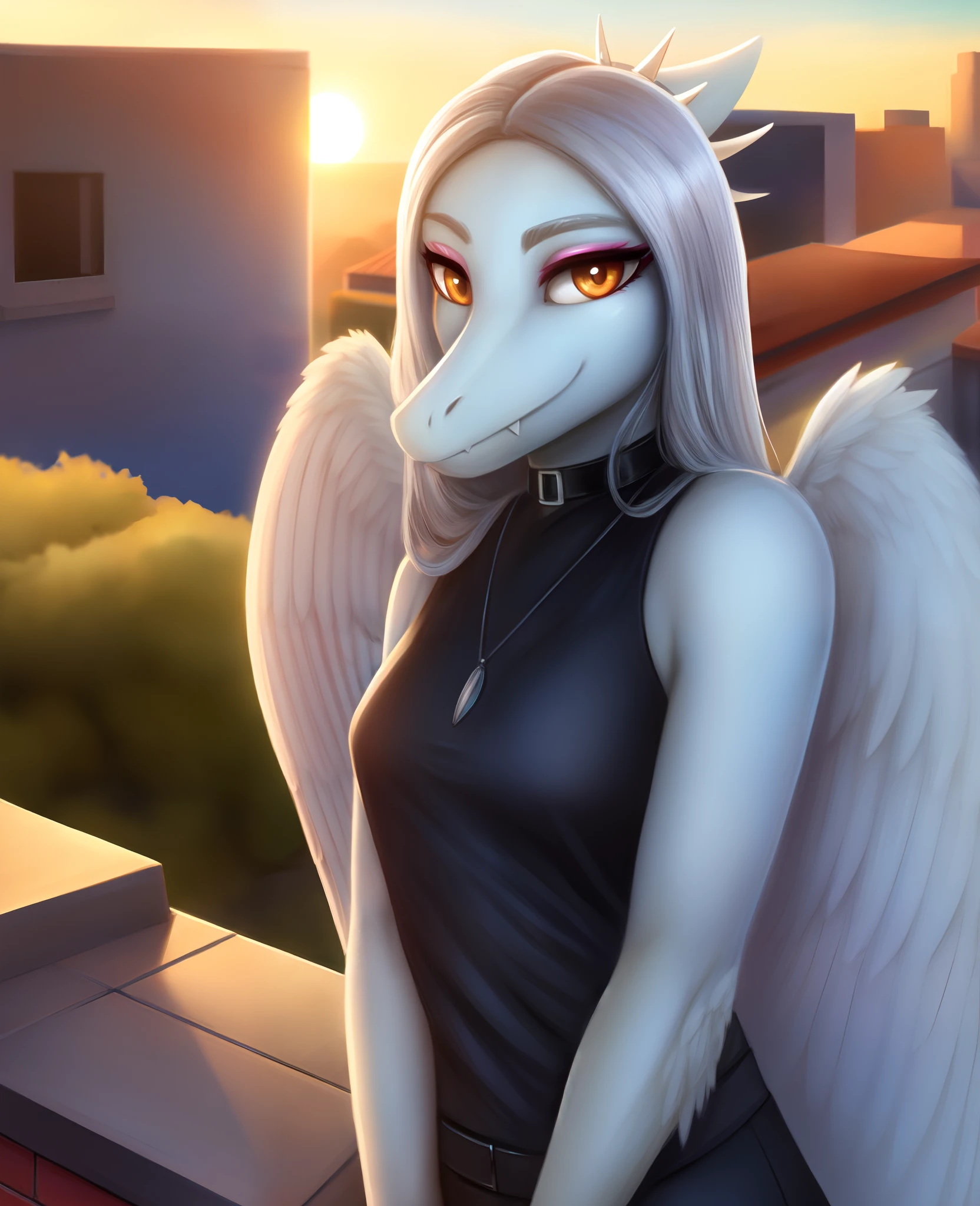 Fang, female, Dinosaur, pterodactylus, scalie, portrait, looking at viewer, rooftop, black clothes, choker, half closed eyes, wings, hair, outdoors, hdr