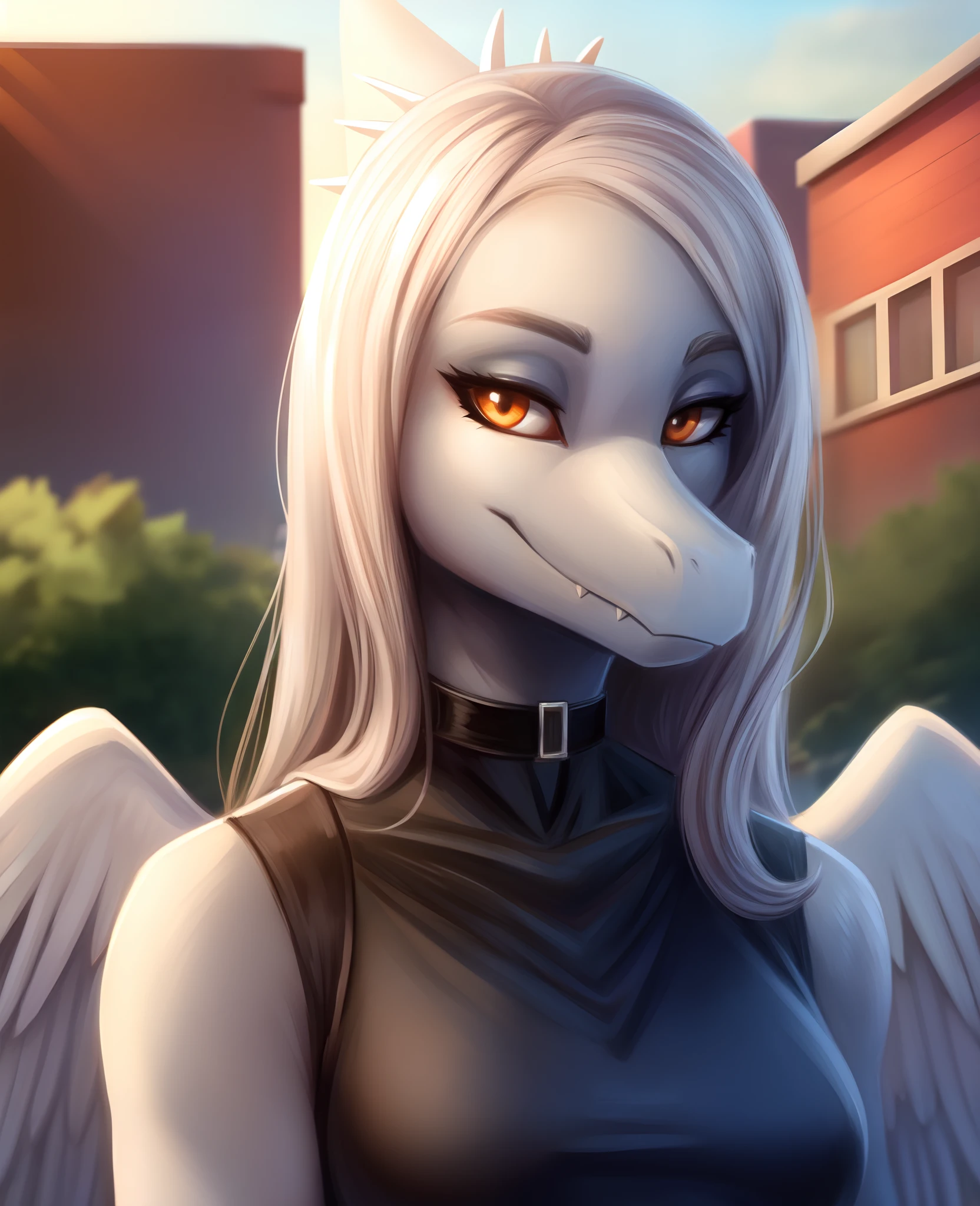 Fang, female, Dinosaur, pterodactylus, scalie, portrait, looking at viewer, rooftop, black clothes, choker, half closed eyes, wings, hair, outdoors, hdr