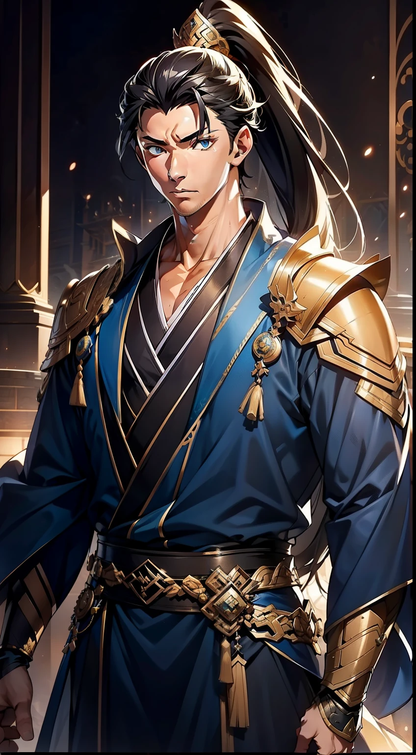 quadratic element,style of anime,mtu(Male Warrior),The proportions are correct,Face details,swordsmen,High ponytail hairstyle,Neck details,There is an Adam's apple,Blue suit,kaftan,long blue robes,clothes details,Handing over,longer sleeves,Game quality,Swordsmanship,Light and shadow tracking,Ray traching,detailed glow,cg render,hair detail,Black long hair,blue colored eyes,Handsome,Handsome,(juvenile sense),Clothing is complicated,Perfectcomposition,Refinement,high qulity,higher details,Lots of details,The background is complex,a sense of atmosphere,