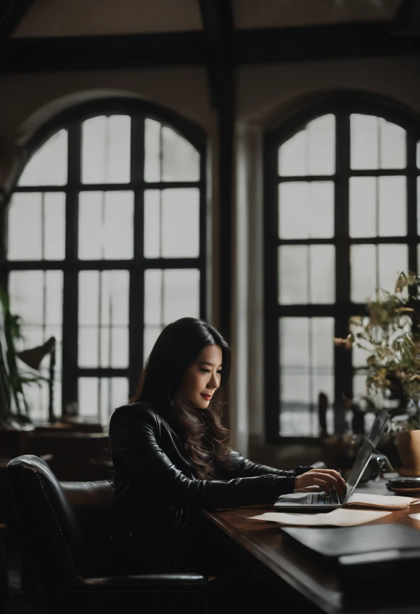 Wearing black leather gloves in both hands, upper body, black leather riders jacket, necklace on the chest, smiling at the desk in the modern study in the dark, long and straight black hair, young Japanese woman (black leather gloves covering both hands) with the fingers of black leather gloves, sitting on the chair, working on the computer, staring at the screen