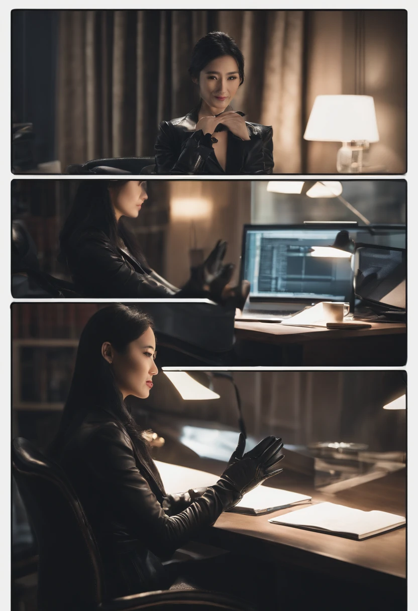 Wearing black leather gloves in both hands, upper body, black leather riders jacket, necklace on the chest, smiling at the desk in the modern study in the dark, long and straight black hair, young Japanese woman (black leather gloves covering both hands) with the fingers of black leather gloves, sitting on the chair, working on the computer, staring at the screen