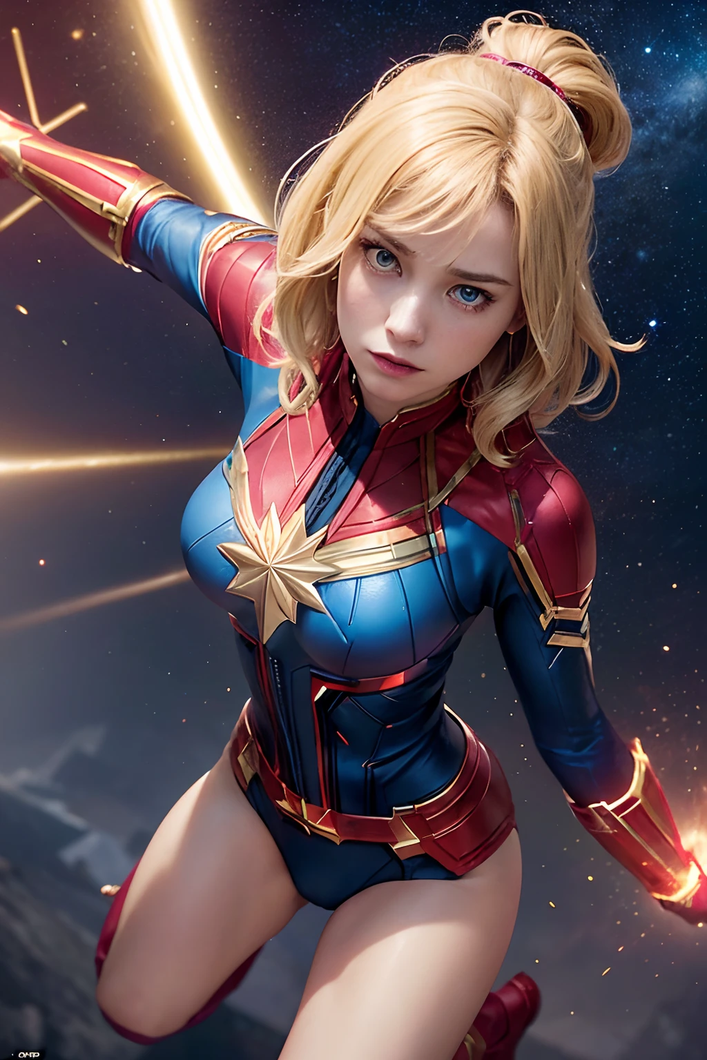(masterpiece, best quality, photorealistic, cinematic, ultra-detailed, 8k), ((medium shot)), ((crouching)), ((fighting stance)), ((perfect body, perfect anatomy, alluring, nice hands, large breasts, long round legs, round ass)), (imagine Brie Larson as Captain Marvel, radiating an aura of cosmic power and confidence), (her golden-blonde hair flows with an ethereal glow), (her cobalt-blue eyes gleam with an otherworldly intensity),
(distinctive red and gold suit fits her like a second skin), (the red sash that drapes around her waist flutters with an almost surreal sense of movement),
(star-emblazoned chest plate gleams with a brilliant, metallic sheen, and the iconic gold star symbol at its center shines with a radiant luminescence), (the suit's sleek design and intricate details highlight her status as a cosmic protector),
(Brie Larson's expression exudes determination and strength, with a hint of a confident smile on her lips, slightly parted lips), (her strong jawline and high cheekbones emphasize her unwavering resolve),
(Captain Marvel's outstretched right hand, adorned with glowing energy gauntlets, crackles with cosmic power, ready to unleash her photon blasts), (her boots, sleek and practical, seem to defy gravity, emphasizing her ability to soar through the skies and across the cosmos),
(in the background, a chaotic fiery city, top of the building)