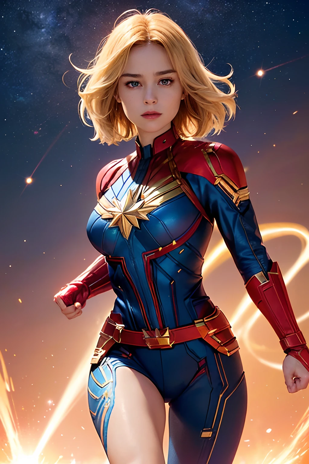 (masterpiece, best quality, photorealistic, cinematic, ultra-detailed, 8k), ((medium shot)), ((crouching)), ((fighting stance)), ((perfect body, perfect anatomy, alluring, nice hands, large breasts, long round legs, round ass)), (imagine Brie Larson as Captain Marvel, radiating an aura of cosmic power and confidence), (her golden-blonde hair flows with an ethereal glow), (her cobalt-blue eyes gleam with an otherworldly intensity),

(distinctive red and gold suit fits her like a second skin), (the red sash that drapes around her waist flutters with an almost surreal sense of movement),

(star-emblazoned chest plate gleams with a brilliant, metallic sheen, and the iconic gold star symbol at its center shines with a radiant luminescence), (the suit's sleek design and intricate details highlight her status as a cosmic protector),

(Brie Larson's expression exudes determination and strength, with a hint of a confident smile on her lips, slightly parted lips), (her strong jawline and high cheekbones emphasize her unwavering resolve),

(Captain Marvel's outstretched right hand, adorned with glowing energy gauntlets, crackles with cosmic power, ready to unleash her photon blasts), (her boots, sleek and practical, seem to defy gravity, emphasizing her ability to soar through the skies and across the cosmos),

(in the background, a chaotic fiery city, top of the building)