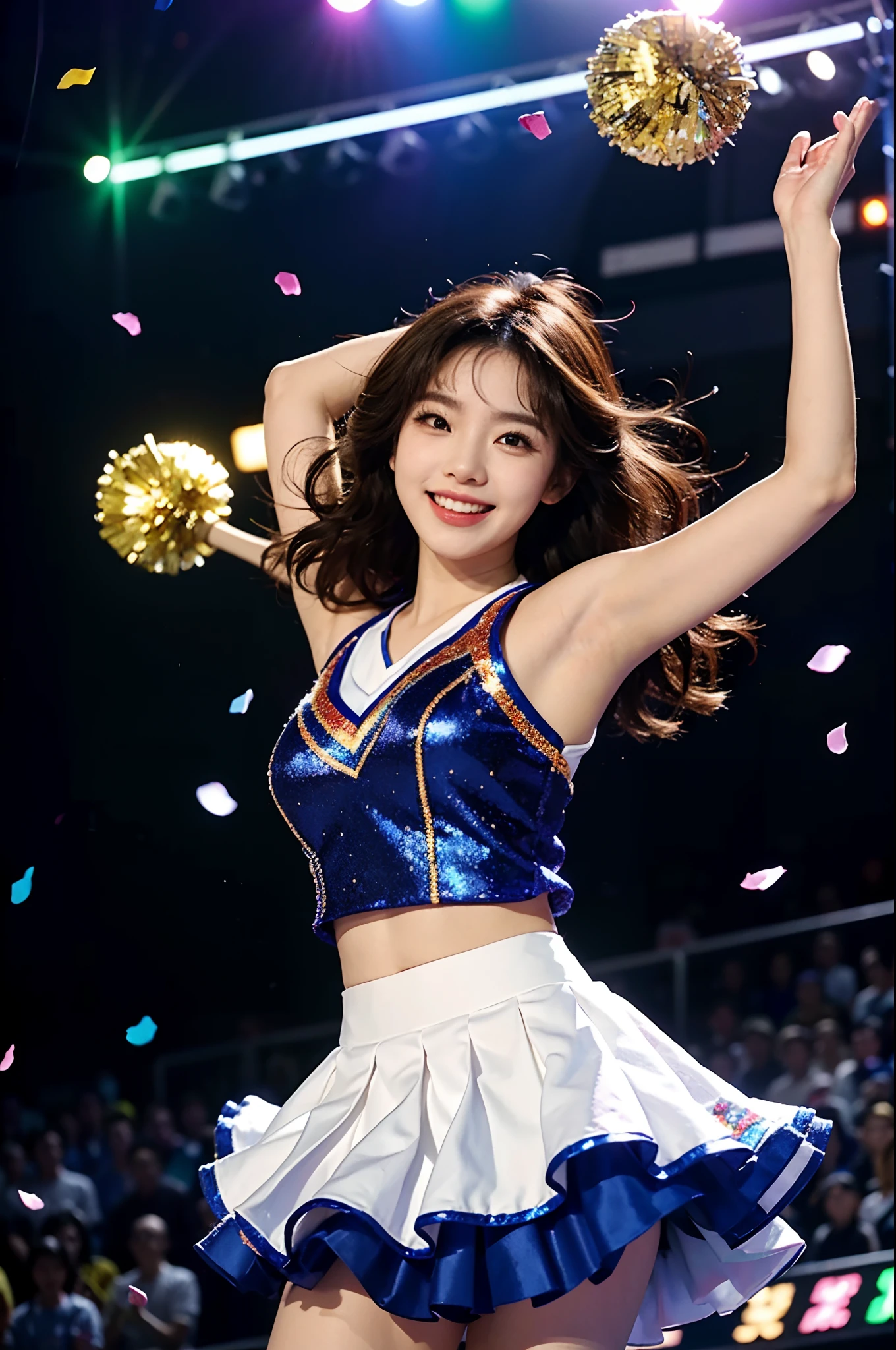 Beautiful Korean idol cheerleader
posters,Painting,high resolution,Ultra-detailed,Realistic:1.37,Vivid colors,hdr,Studio lighting,Sharp focus,
Dance energetically,Smiling happily,Perfect makeup,Stunning costumes,
crowd cheering,exciting atmosphere,dynamicposes,Expressive movements,
Beautiful hair,Sparkling eyes,rosycheeks,full pouty lips,
Colorful pompoms,Flying confetti,Glowing spotlights,
Engaging performance,Spirited cheers,Unforgettable memories