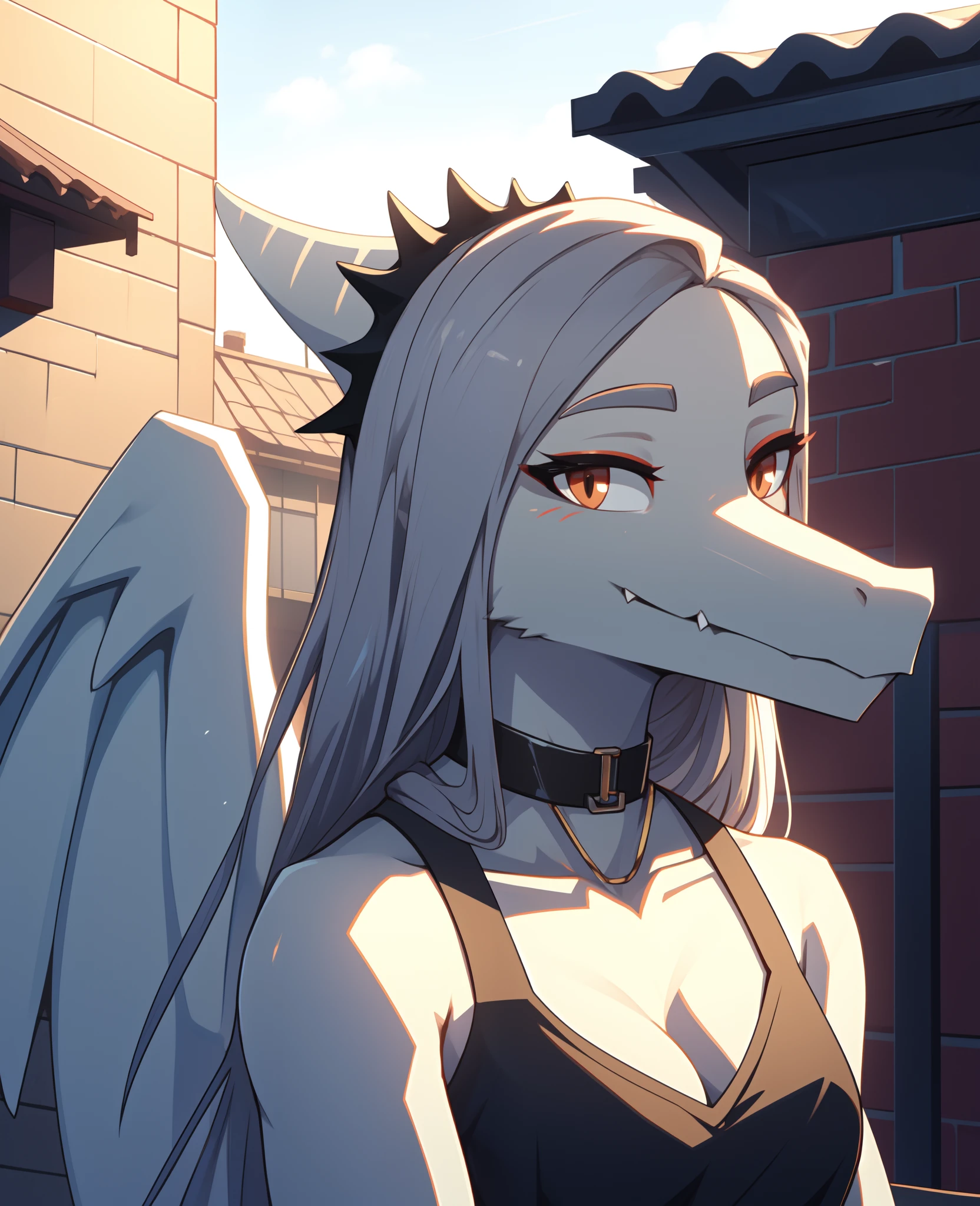 Fang, female, Dinosaur, pterodactylus, scalie, portrait, looking at viewer, rooftop, black clothes, choker, half closed eyes, wings, hair, outdoors, hdr