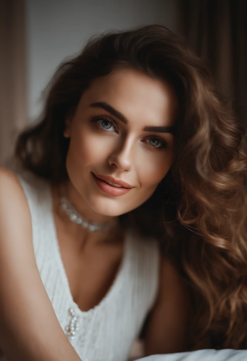 a selfie (masterpiece, best quality), beautiful woman, detailed sleeveless turtleneck, pants, necklace, wavy hair, perfect face, beautiful face, seductive, big beautiful eyes, open mouth, happy, perfect slender body , indoors, lying on a bed