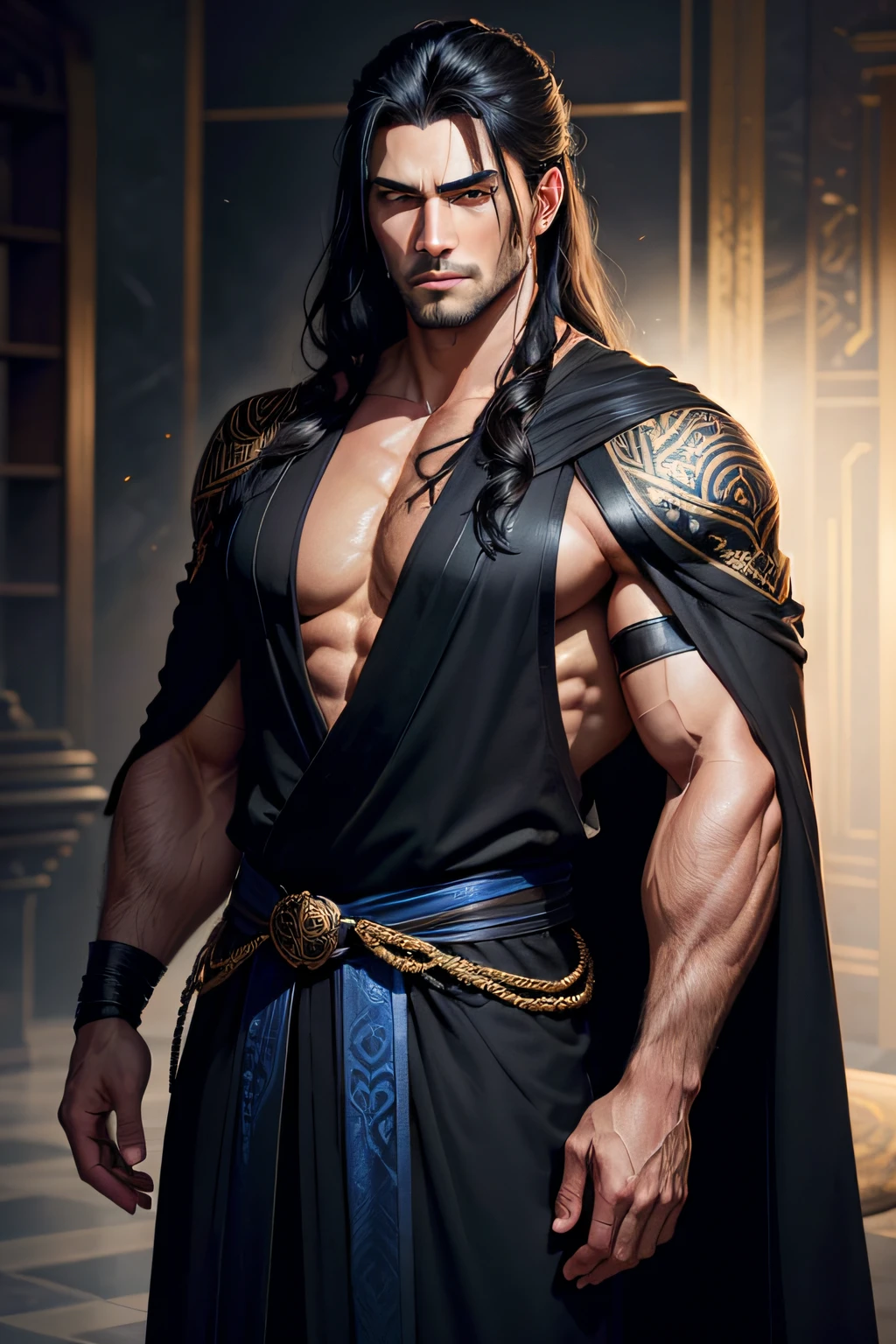 A muscular and handsome man with chiseled features, dressed in a flowing black robe adorned with intricate golden patterns. His eyes are a piercing shade of blue, and his long black hair is tied back in a sleek ponytail.