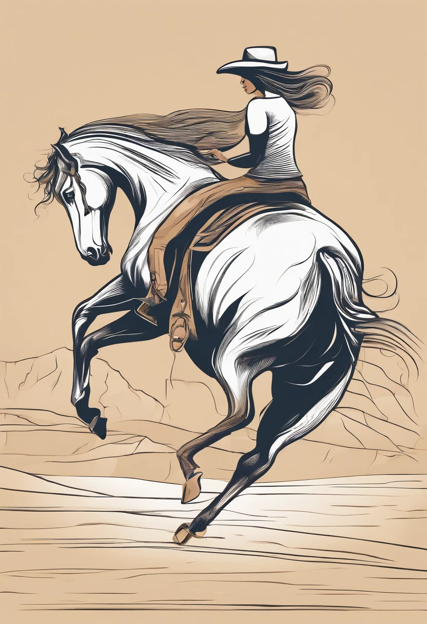 Rodeo cowgirl riding wild horse on wooden sign. Cowgirl long hair riding wild horse race. Dynamic one line draw graphic design vector illustration
