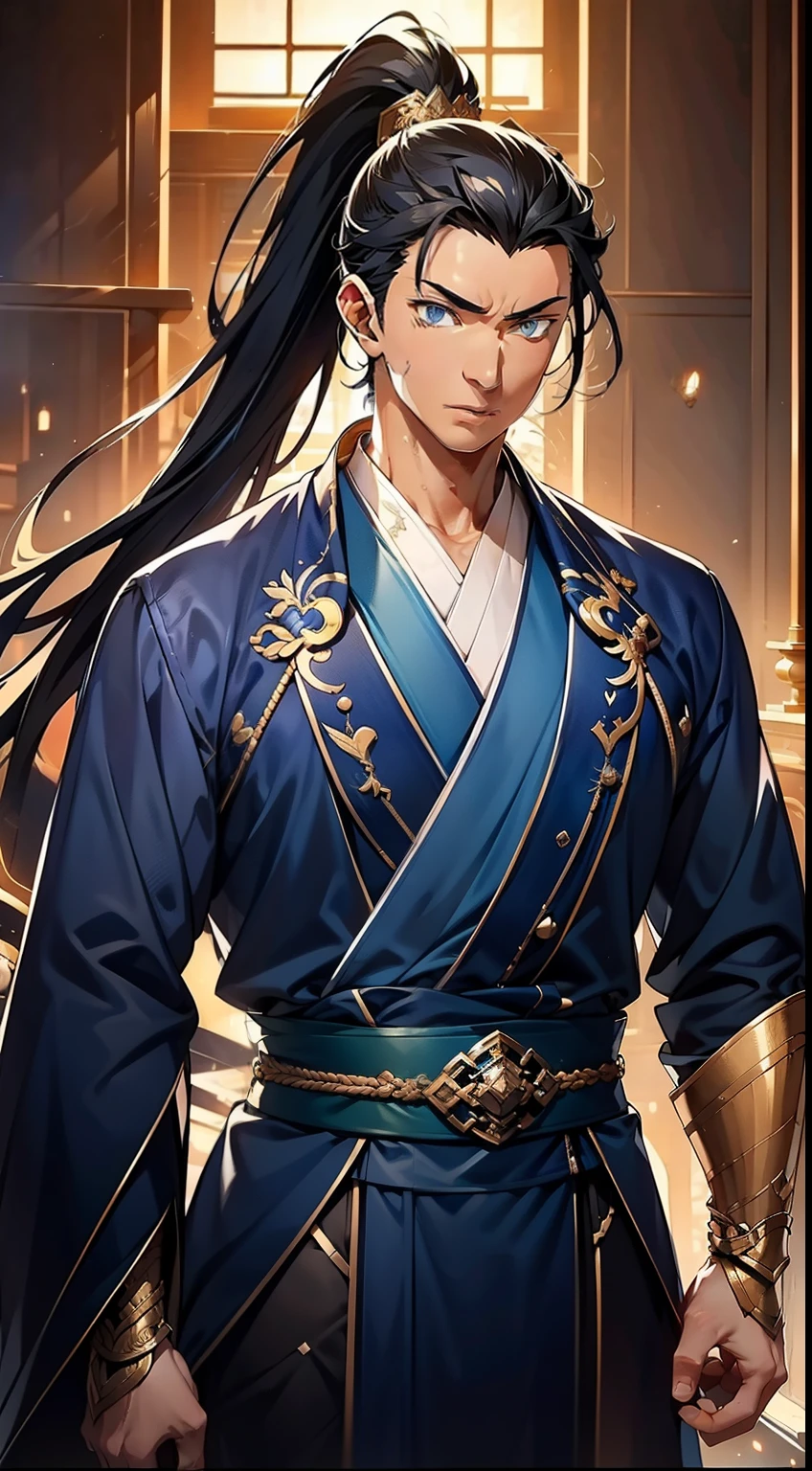 quadratic element，style of anime，mtu（Male Warrior），The proportions are correct，Face details，swordsmen，High ponytail hairstyle，Neck details，There is an Adam's apple，Blue suit，kaftan，long blue robes，clothes details，Handing over，longer sleeves，Game quality，Swordsmanship，Light and shadow tracking，Ray traching，detailed glow，cg render，hair detail，Black long hair，blue colored eyes，Handsome，Handsome，（juvenile sense），Clothing is complicated，Perfectcomposition，Refinement，high qulity，higher details，Lots of details，The background is complex，a sense of atmosphere，