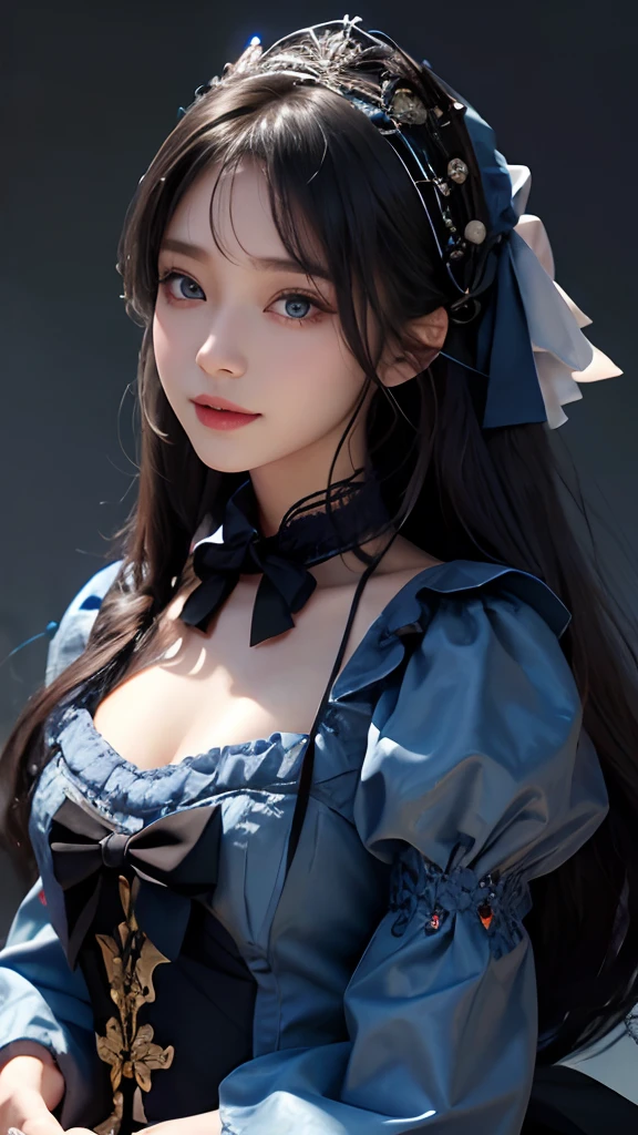 Korean,Realistic, Masterpiece, Final details, photograph realistic, intricately details, Octane rendering, 8K, 1girll, Full body perfect face, Beautiful face,Detail hair,, Black bow, Black gloves, Black legs, Blue eyes, Blue hair, bow, 鎖骨, dress, Drill hair, Ruffles, Ruffles, mitts, Gwen, headdress, A high resolution, Long hair, parted lip, Puffy sleeves, Purple eyes, Smile, Solo, a blue dress, Oil skin,