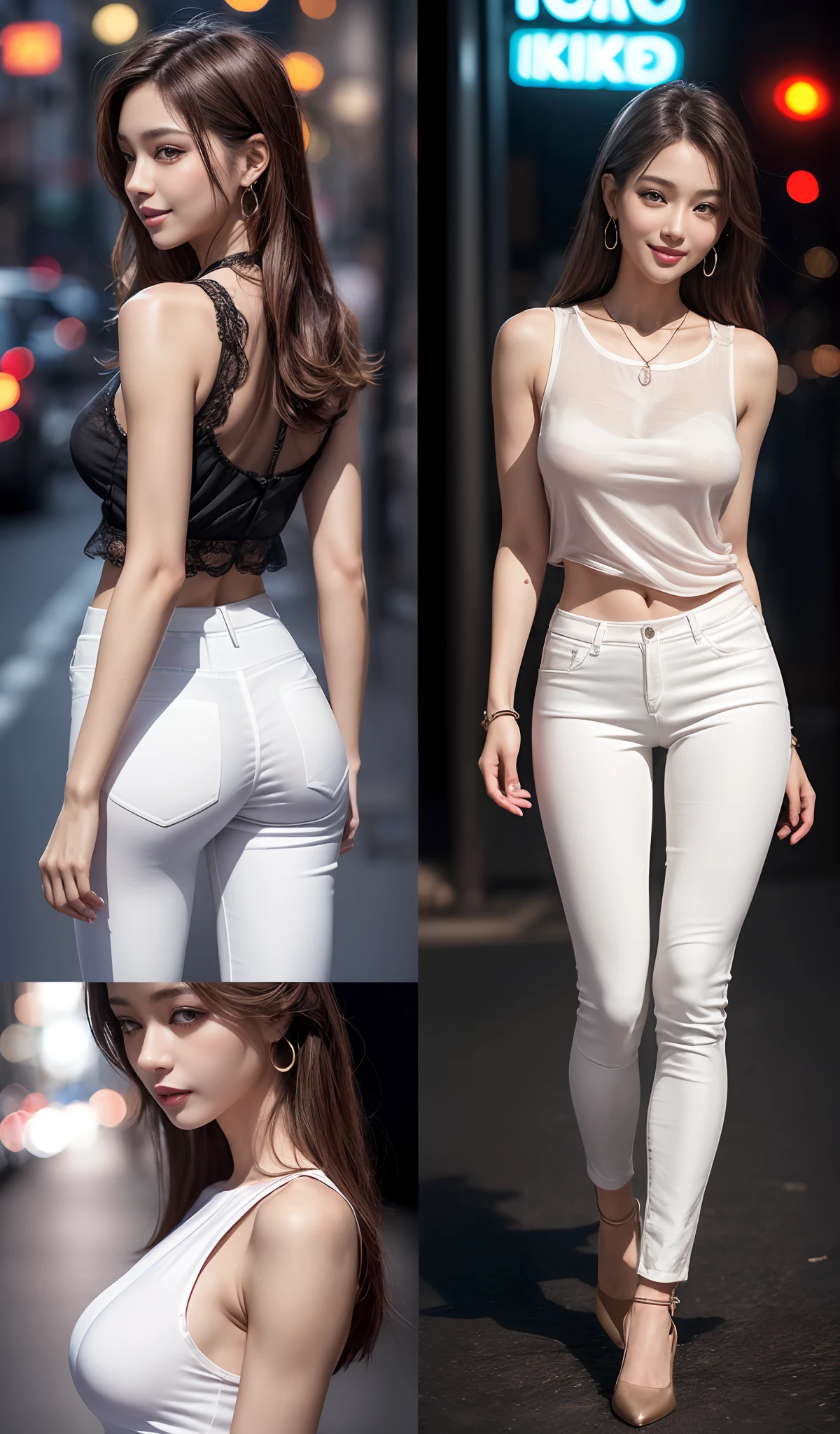 8K, Masterpiece, RAW photo, Best quality, Photorealistic, Extremely detailed CG unified 8K wallpapers, Depth of field, Cinematic light, Lens flare, Ray tracing, (Extremely beautiful face, Beautiful lips, Beautiful eyes), intricate detail face, ((ultra detailed skin)) 1girll, In the dark, deepshadow, Pretty Korean girl, Kpop idol, 1 girl, (Very slim and slender muscular body:1.3), ((full bodyesbian)),((Long legs)), ((view the viewer)),(Big smile:1.3), (Tight lace-up blouse), (Pink shirt), (Sleeveless) , (Fashion night, Dark night, (neon lights sign), (Blurred background), Fashion Street Night),(No one is in the background:1.3), Beautiful earrings, bangle, necklace, Pantyhose, Clear eyes, (Pale skin), (Big eyes), Face forward, ((full body shot shot)), ((Silk white tight trousers:1.3)),（big assa），(brown hairs),((Skinny silk pants)),（big assa）， (view the viewer:1.3) open breast, Very slim, Medium breasts, Turn Back, Back shot, , underwear