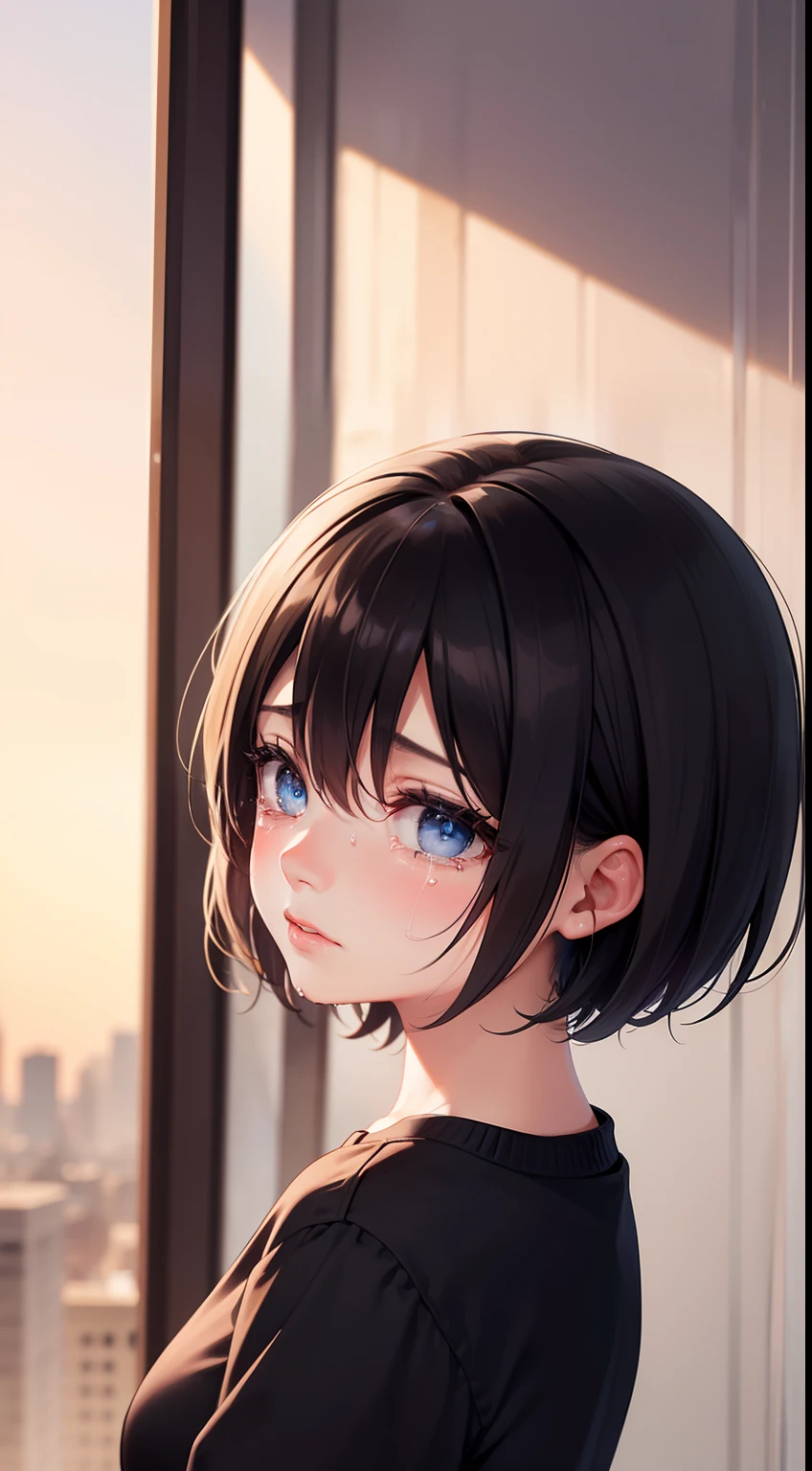 1 girl, crying, short hair, beautiful eyes,
