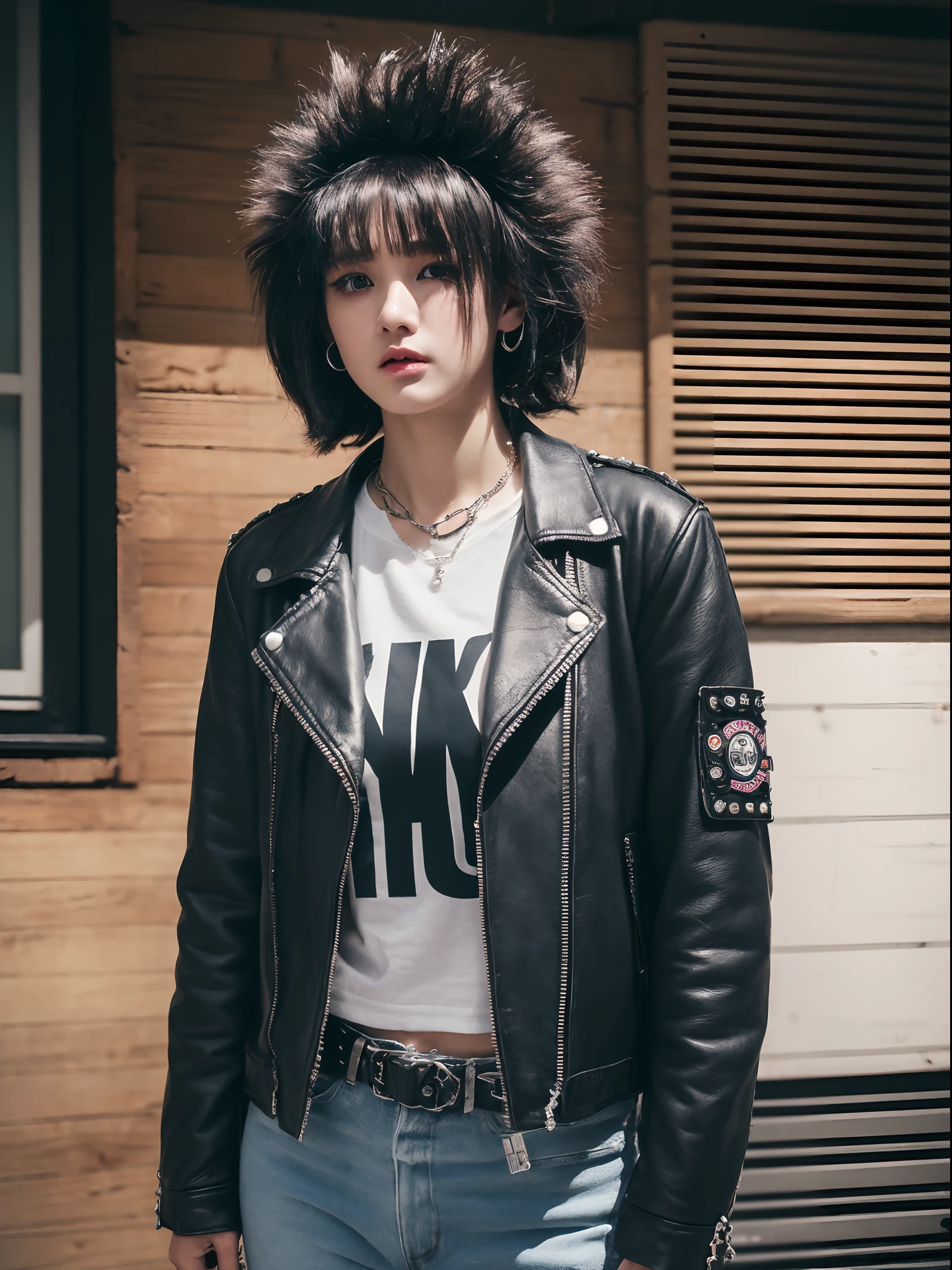 the Extremely Detailed CG Unity 8K Wallpapers、top-quality、ultra-detailliert、​masterpiece、studio shoot、Full body portrait、(New York punk fashion in the 70s:1.4), SHOT Riders Leather Jacket、white t-shirts、large full breasts、Studsbelt、Stud Bracelet、Silver Accessories、Ramones, New York Punk、realisitic、Behind the photo、large full breasts、realisitic、Photo Real、extremely detailed cute girl、独奏、17 age、Melancholy look, (nffsw,In the background of the exterior of the live house:1.4), A dark-haired, out of focus、blur、