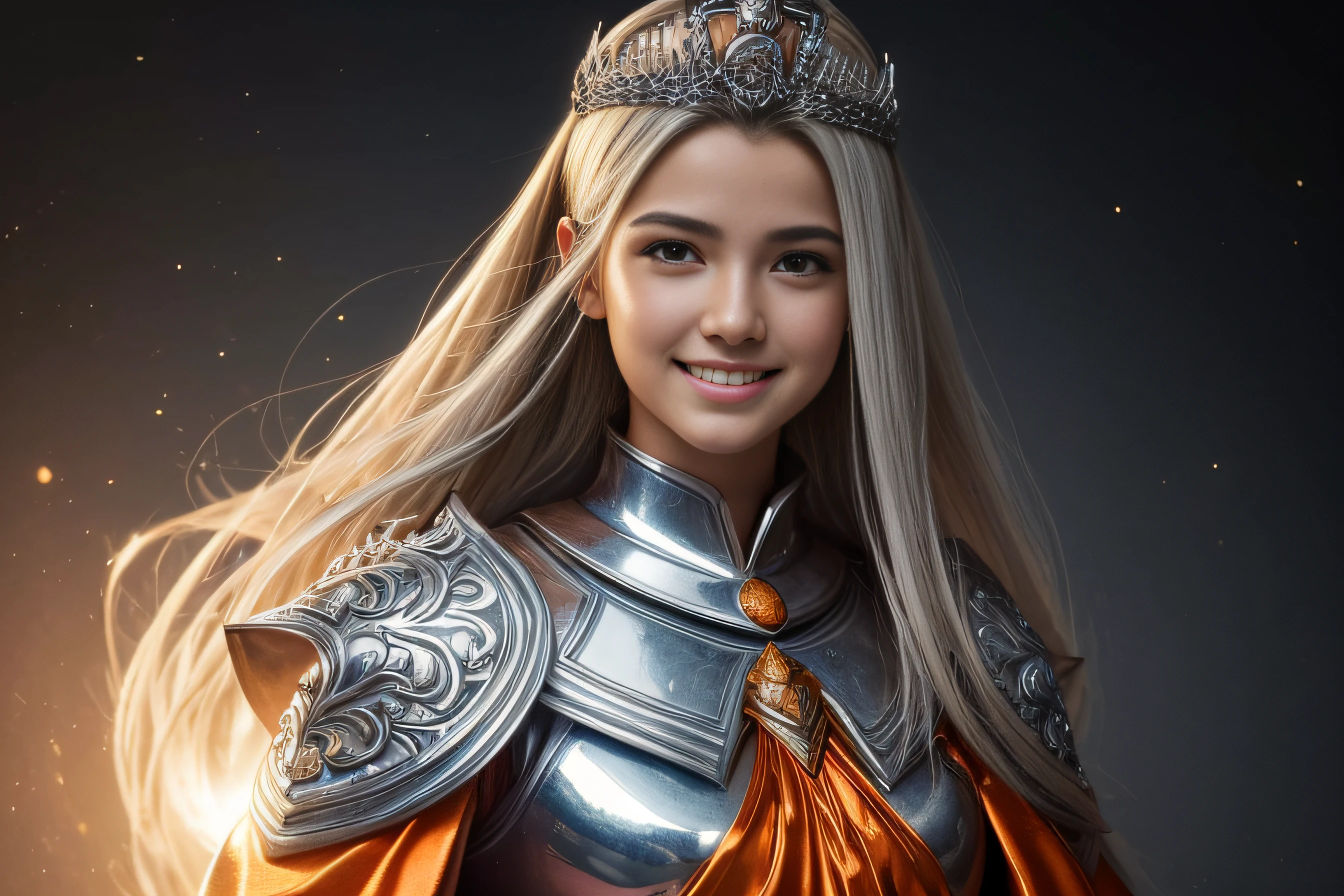 ((Best quality, 16k, Masterpiece: 1.3)), a picture, anime costume style, a Mythology lineage, shiny cloak, detailed skin, summoning the Athena: 1.3, ((Layered haircut, laughing mouth: 1.3)), ((detailed texture, floating light, silver-orange light: 1.3)), in a Hall, cool colors, cinematic, realistic details of a perfect face, deep background