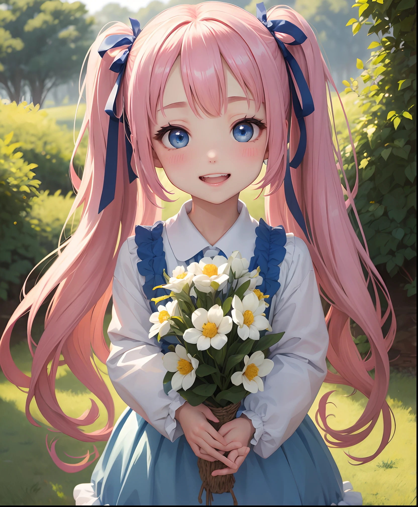 masterpiece:1.2、hightquality、top-quality、hight resolution、detaileds、A hyper-realistic、20Beautiful woman of about her age、long hair with pink twin tails,,、Beautiful blue eyes、tilt of the head、morning glow、Green grass々Shigi々、birdie、rainbows、portlate、Lovely smile、showing teeth、(A detailed face)、((foco nítido))、((faces))、The upper part of the body_Body