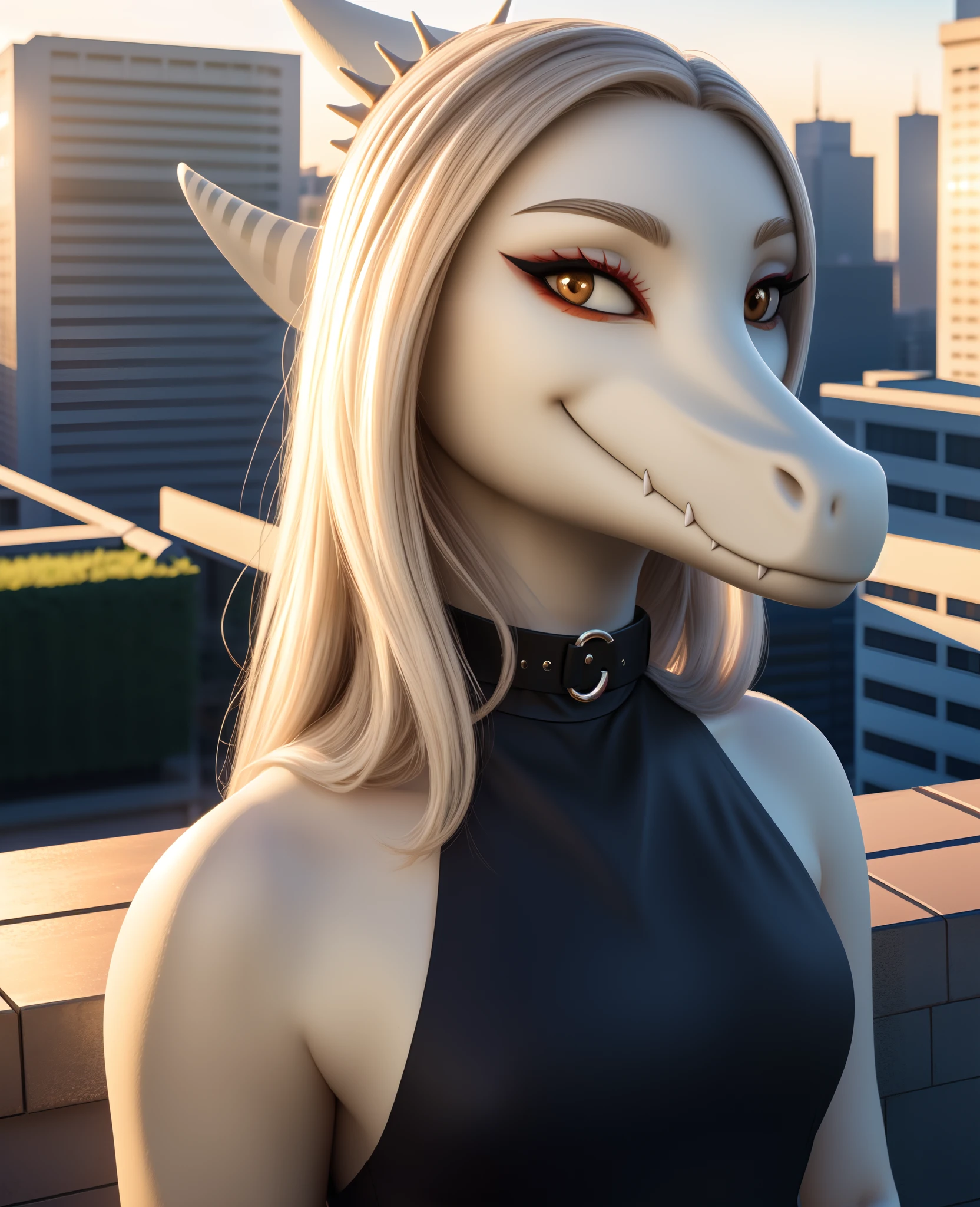 Fang, female, Dinosaur, pterodactylus, scalie, portrait, looking at viewer, rooftop, black clothes, choker, half closed eyes, wings, hair, outdoors, hdr