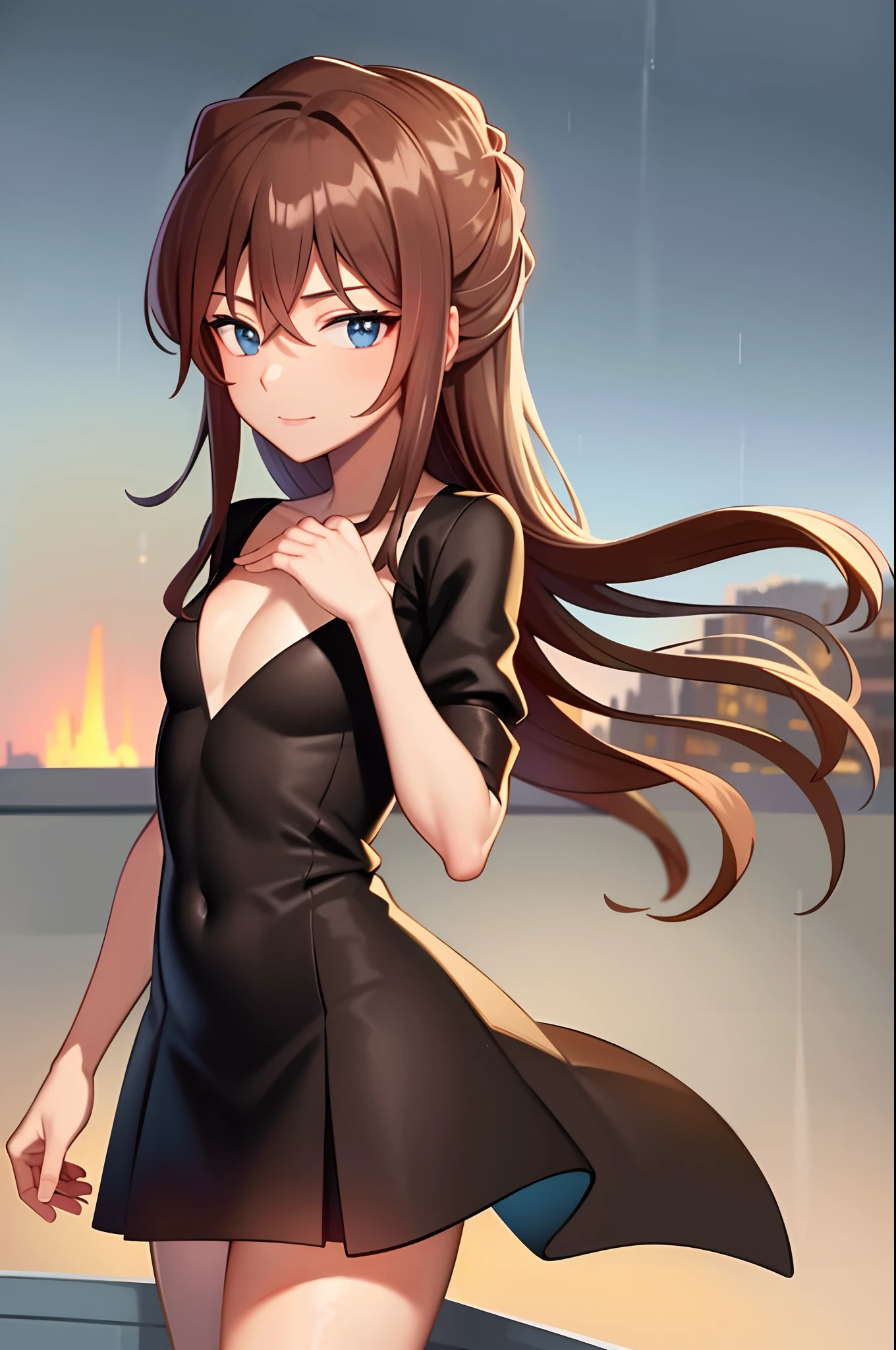 ((Top quality, 8K, Masterpiece: 1.3)), self-shot, Sharp focus: 1.2, Cute Beautiful Woman with Perfect Body: 1.4, Slim Big: 1.2, ((Dark brown hair, : 1.2)), (Small transparent dress, Half-naked, Very detailed breasts, Happy look, standing: 1.2), ((Night view of the rainy city, balcony simple: 1 of the making.3 Mainly the main axis)), Highly detailed face and skin texture, Detailed eyes, Double eyelids, pony tails