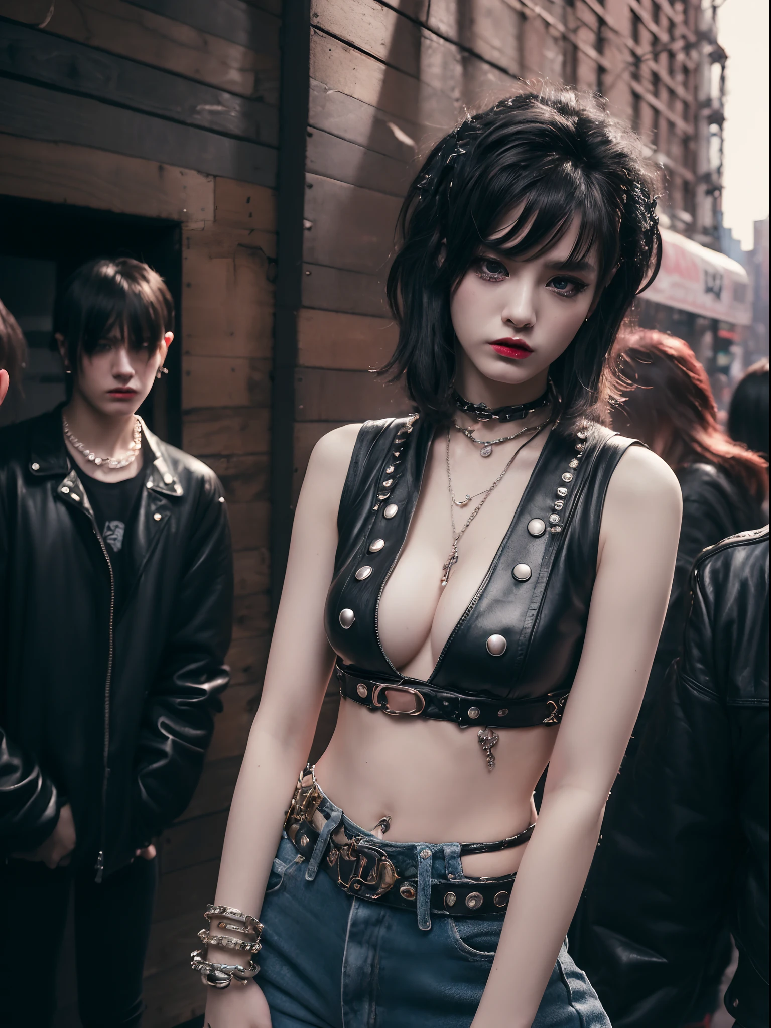 the Extremely Detailed CG Unity 8K Wallpapers、top-quality、ultra-detailliert、masterpiece、studio shoot、Full body portrait、(New York punk fashion in the 70s:1.4), large full breasts、Studsbelt、Stud Bracelet、Silver Accessories、ramones, New York Punk、realisitic、Behind the photo、large full breasts、realisitic、Photo Real、extremely detailed cute girl、独奏、、Melancholy look, (cbgb,In the background of the exterior of the live house:1.4), A dark-haired, out of focus、blur、