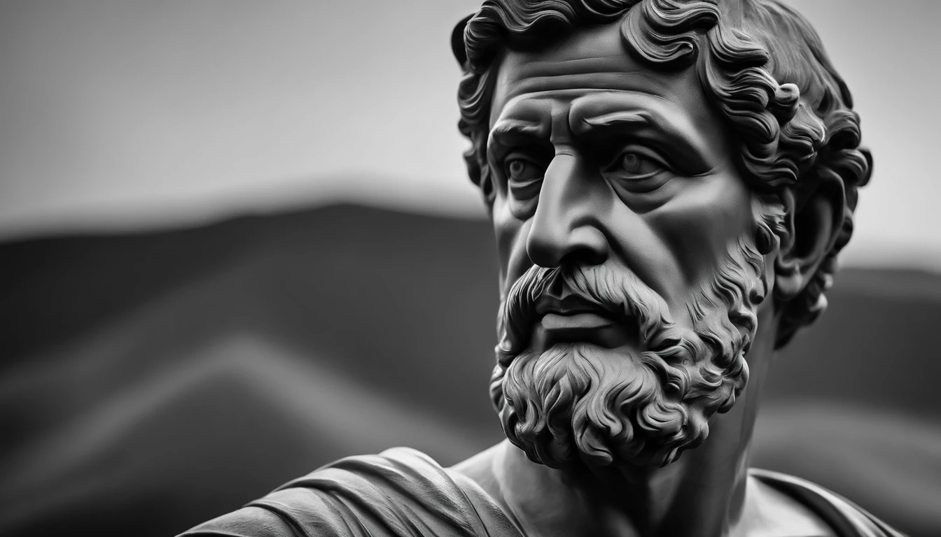 a portrait statue of the stoic Seneca in black and white 4K,Face de lado, papel de parede super realista