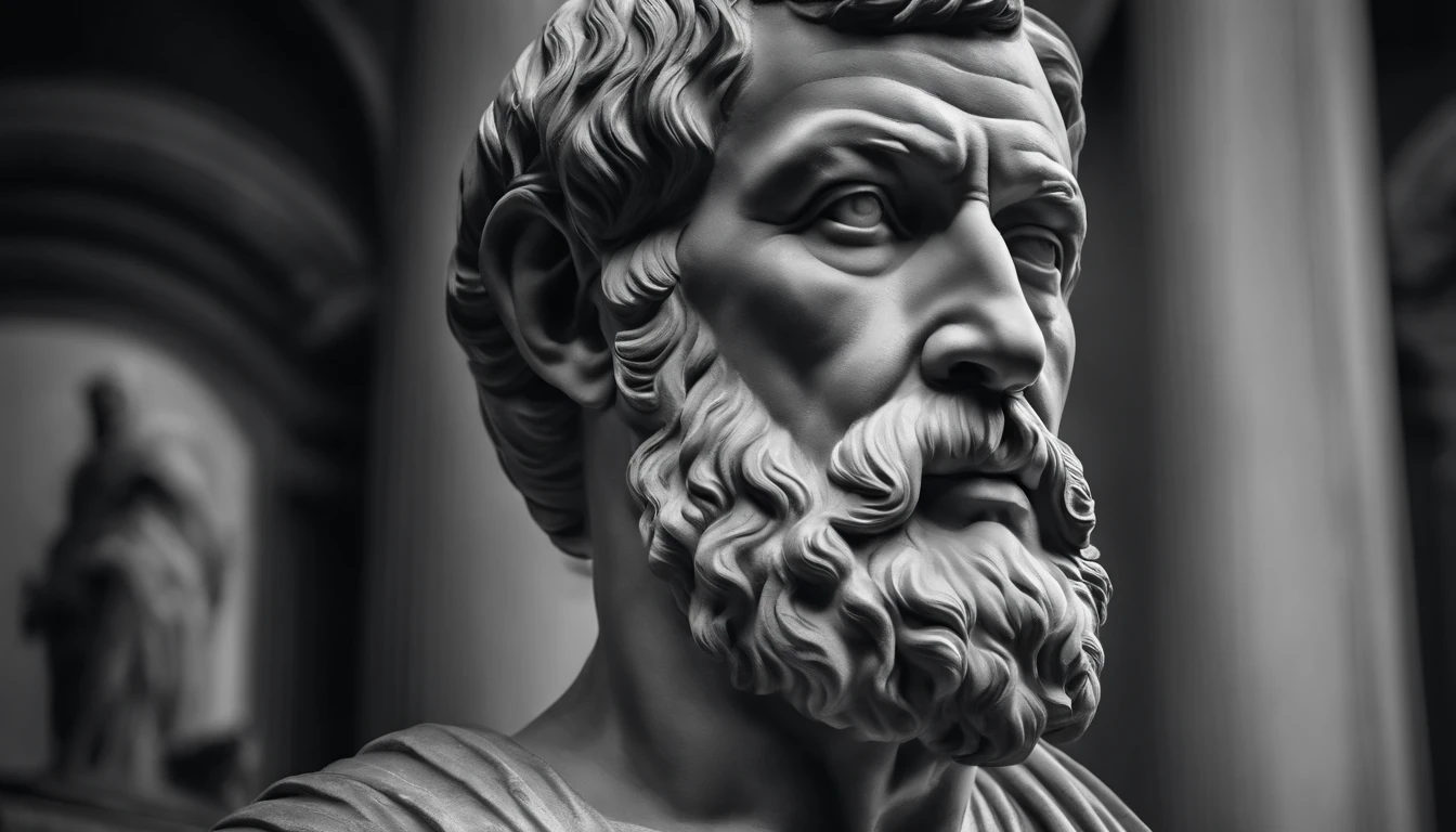 a portrait statue of the stoic Seneca in black and white 4K,Face de lado, papel de parede super realista