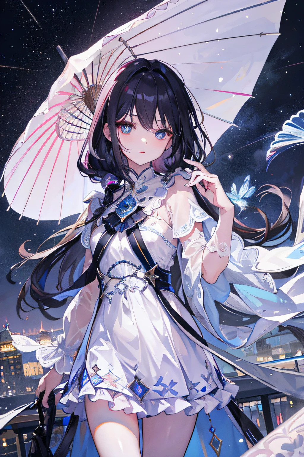 tmasterpiece，exquisite detailing，Girl，pix，A high resolution，Physics engine rendering，City rooftops，starrysky，Saturn ring，Starcloud，Beautiful deep eyes，Pink delicate lips，White skin of the，Elongated black hair，The clothes are more gorgeous and detailed，No umbrella