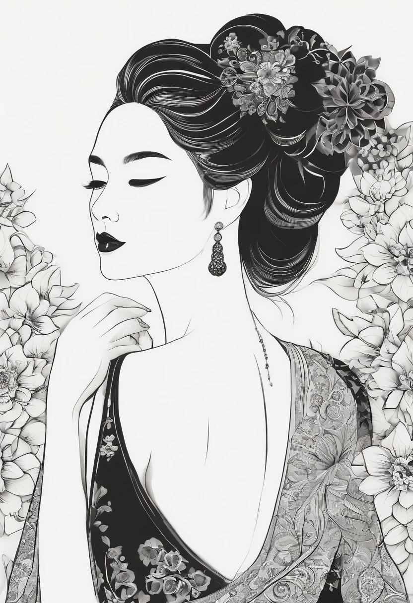 Arte para colorir, (fundo branco e preto:1.4),(Silhouette of a girl's head, Olhos fechados, cabelos longos, Elementos Orientais),(Chinese illustration:1.3,arte em papel:1.3, Arte em papel acolchoado:1.2),( Reasonable design, linhas claras, alta nitidez,best quality, Very detailed, masutepiece, efeitos de luz do filme, 4k )