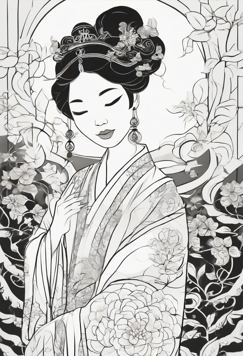 Arte para colorir, (fundo branco e preto:1.4),(Silhouette of a girl's head, Olhos fechados, cabelos longos, Elementos Orientais),(Chinese illustration:1.3,arte em papel:1.3, Arte em papel acolchoado:1.2),( Reasonable design, linhas claras, alta nitidez,best quality, Very detailed, masutepiece, efeitos de luz do filme, 4k )