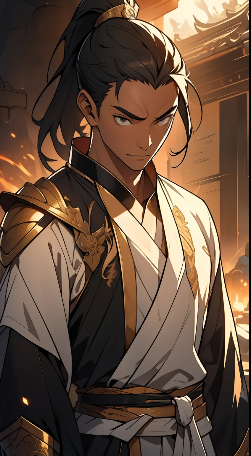 1 male, sweating, open mouth, drooling, wet, wet, sweating pectorals, sweating abs, sweating crotch, golden costume Hanfu, dragon robe, handsome face, evil, highest picture quality, dark skin, high ponytail long hair, detail Hanfu, wearing arm guards, armor, leg guards, leggings, military boots (ancient Chinese military boots), looks like a general, squat, forked legs squat, half squat, sweating crotch, crotch shape, crotch sweat, long legs, leg contour, thigh close-up, calf close-up, perfect legs