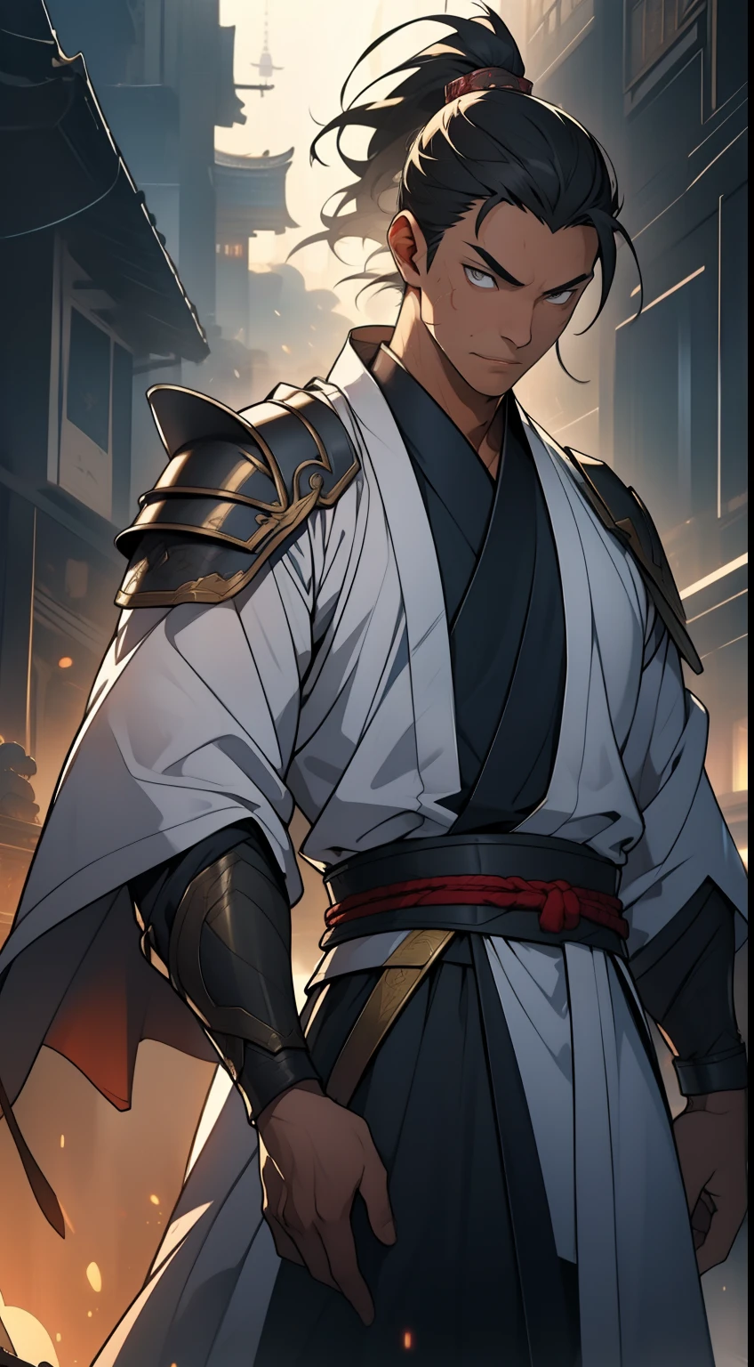 quadratic element,style of anime,mtu(Male Warrior),The proportions are correct,Face details,swordsmen,High ponytail hairstyle,Neck details,(Positive focus),(in the darkness nigth:1),(best qualtiy),(Fidelity:1),filmposter,realistic skin textures,highly detailed,8k wallpaper,Volumetriclighting,动态照明,A man,Long black ponytail hair,long white robe,white sash,A small amount of armor,Shoulder blades,Waist Guard,Hand Guard,Ancient Chinese wind,attack pose,blood stain,Broken clothes,Ancient Chinese Battlefield,Arrows fly,There is a lot of war,the night,Dramatic composition,Sword qi surrounding,The picture is rich in detail,karo,电影灯光,Clothing is complicated,Perfectcomposition,Refinement,high qulity,higher details,Lots of details,The background is complex,a sense of atmosphere,Game quality,Swordsmanship,Light and shadow tracking,Ray traching,detailed glow,cg render,hair detail,