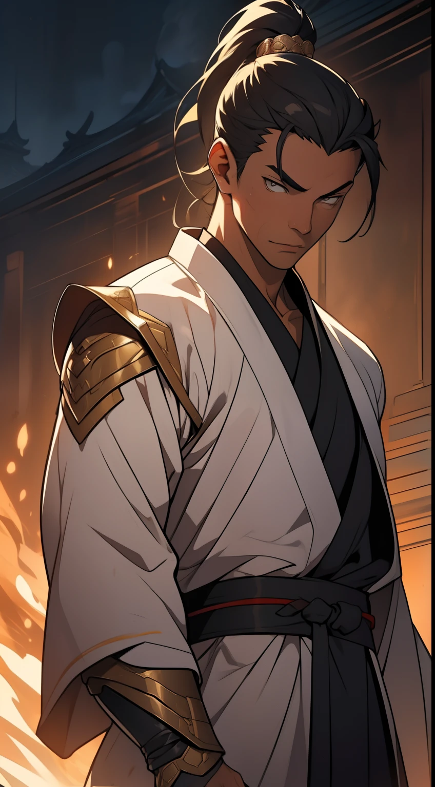 quadratic element,style of anime,mtu(Male Warrior),The proportions are correct,Face details,swordsmen,High ponytail hairstyle,Neck details,(Positive focus),(in the darkness nigth:1),(best qualtiy),(Fidelity:1),filmposter,realistic skin textures,highly detailed,8k wallpaper,Volumetriclighting,动态照明,A man,Long black ponytail hair,long white robe,white sash,A small amount of armor,Shoulder blades,Waist Guard,Hand Guard,Ancient Chinese wind,attack pose,blood stain,Broken clothes,Ancient Chinese Battlefield,Arrows fly,There is a lot of war,the night,Dramatic composition,Sword qi surrounding,The picture is rich in detail,karo,电影灯光,Clothing is complicated,Perfectcomposition,Refinement,high qulity,higher details,Lots of details,The background is complex,a sense of atmosphere,Game quality,Swordsmanship,Light and shadow tracking,Ray traching,detailed glow,cg render,hair detail,