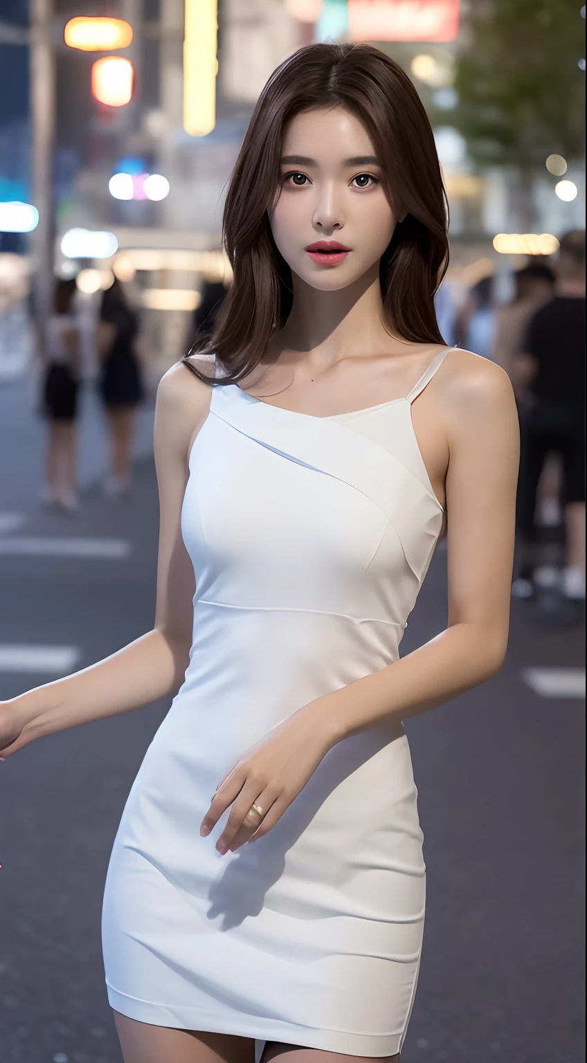((Realistic lighting, Best quality, 8K, Masterpiece: 1.3)), Clear focus: 1.2, 1girl, Perfect body beauty: 1.4, Slim abs: 1.1, ((dark brown hair)), (White dress: 1.4), (Outdoor, night: 1.1), City Street, Super Fine Face, Fine Eyes, Double Eyelids, (Over the knee black stockings: 1.5)