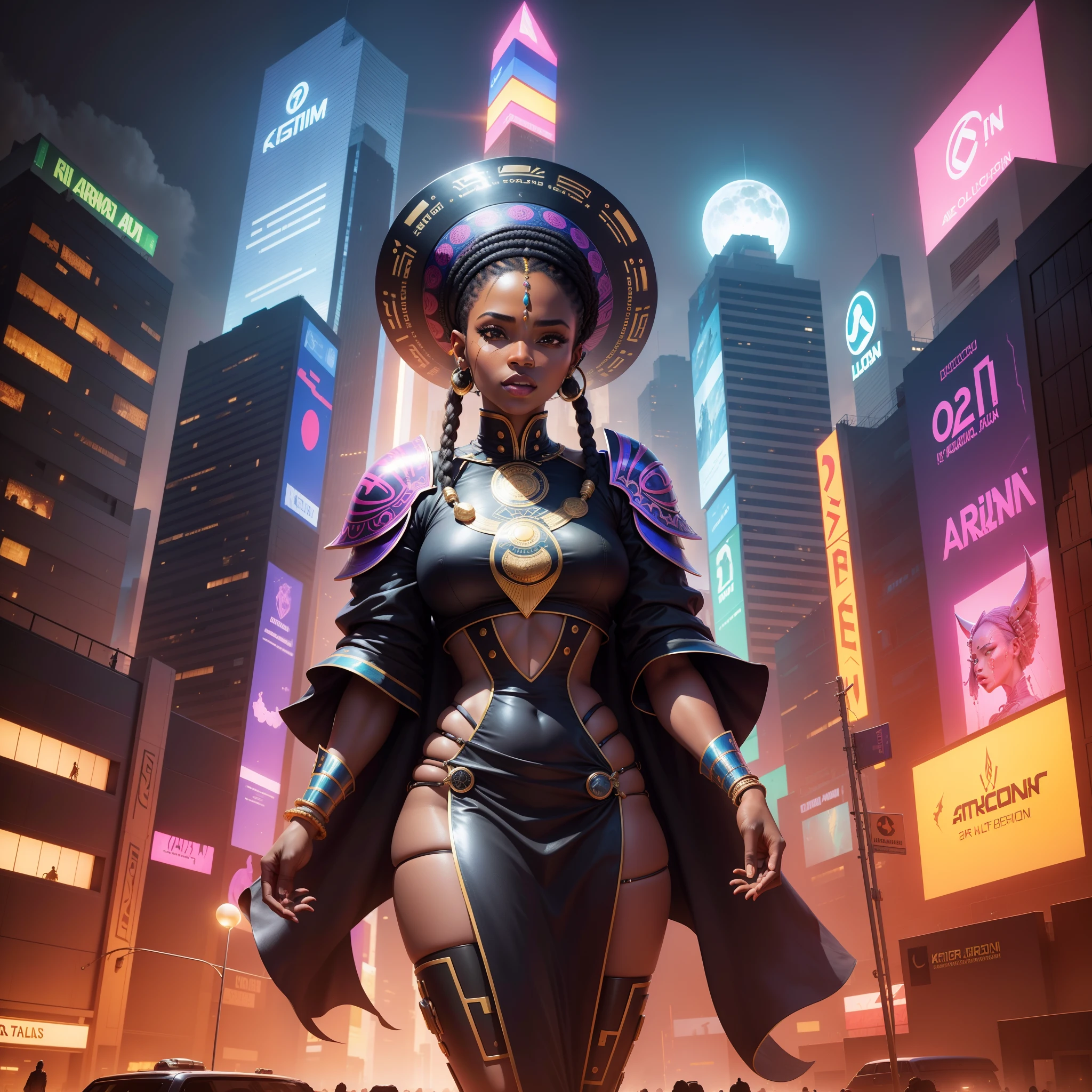 A wide angle shot of a futuristic African kingdom, with african designed sculptures and infrastructure, neon lit billboard buildings, flying cars in the area, drones in the sky, African people dressed in african designed clothes walking, time moon shining, with iridescent light, hyper-realistic image, 32k, ultra HD, cinematic lighting, artgerm style, highly detailed images, vibrant and beautiful colours,