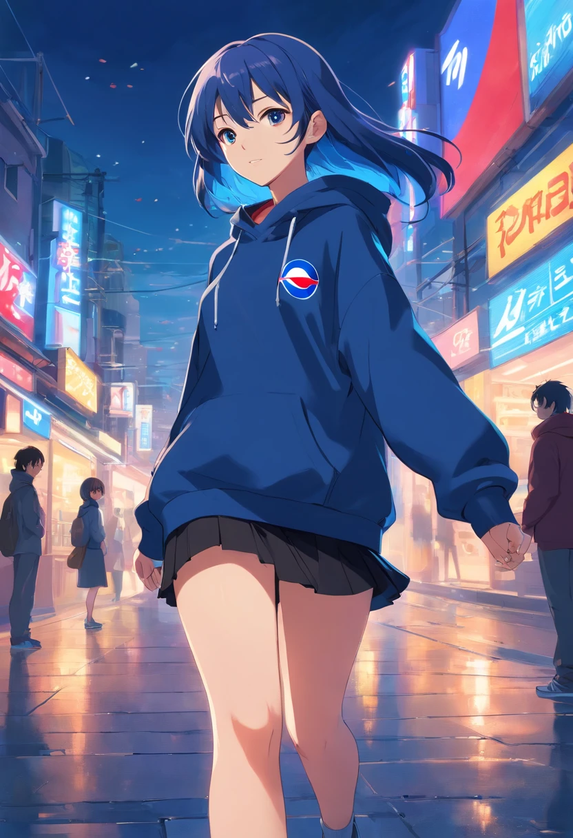 1 girl, Pepsi theme, Pepsi style, blue long hair, black hoodie, miniskirt