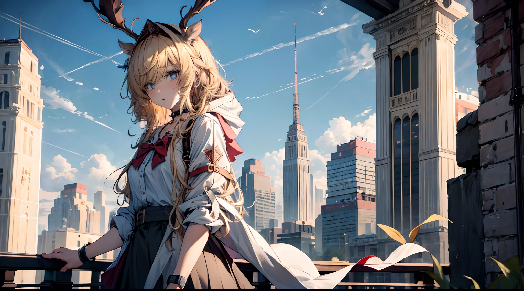 (((Masterpiece))),(incredibly_absurderes),(Best quality),(A high resolution),(Highly detailed),((CG unity 8k wallpaper)),Best quality at best,tmasterpiece,1girll,blond hairbl,messy hair,curly_Hair,The shirt,a skirt,kawai,JK,Red_bow,Wrist watch,choker necklace,view over city,Original photo of 8K,超高分辨率,highest details,复杂,8K,hdr,