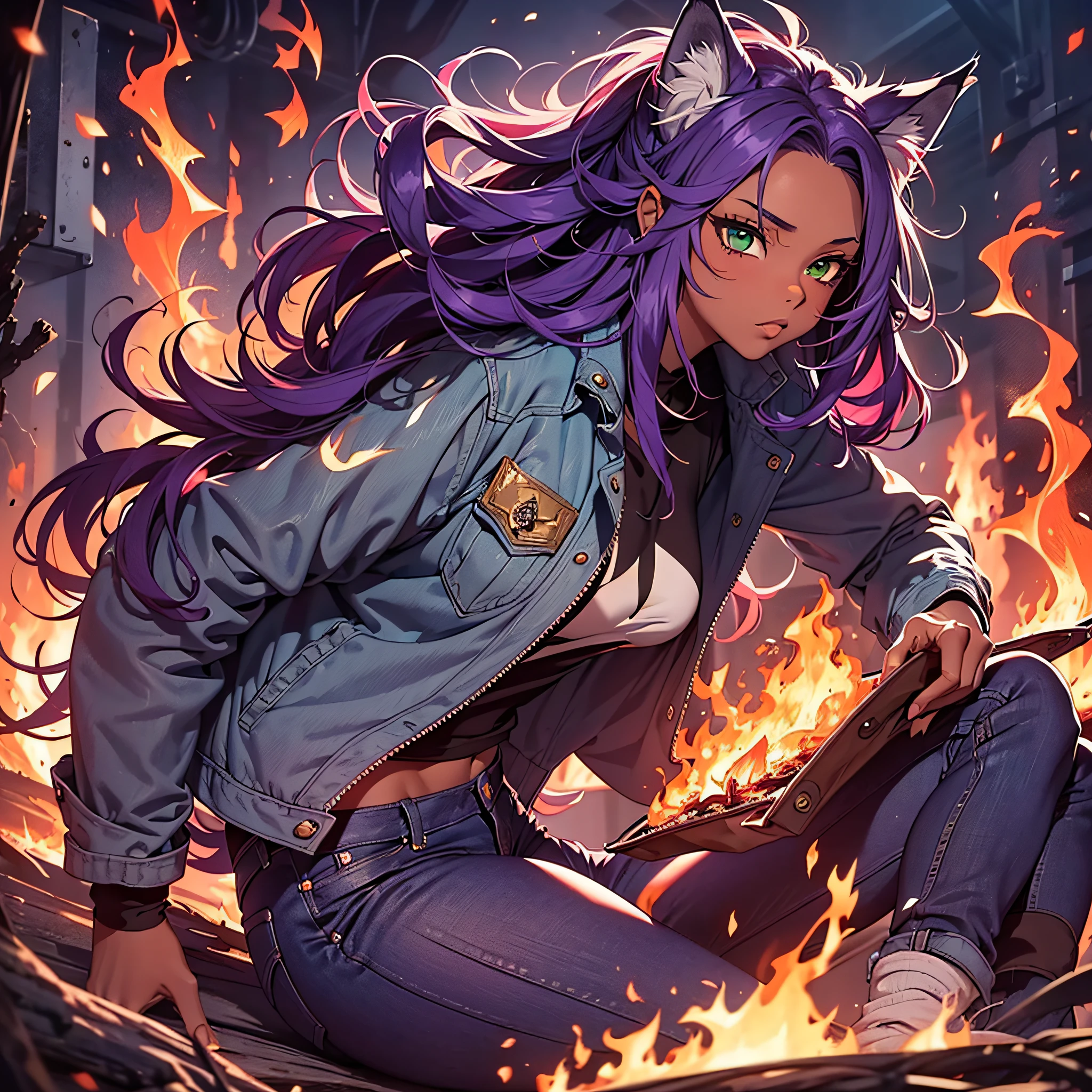 (masterpiece:1.3) extremely detailed, best quality, (1 Wolf girl), wolf, (dark brown skin), fire, fire hair, (1tail, long tail) long hair, messy hair, wild hair, purple hair, fire skin, green eyes, hot, furry, fire ear, fire tail, park, (purple pants, jean jacket)