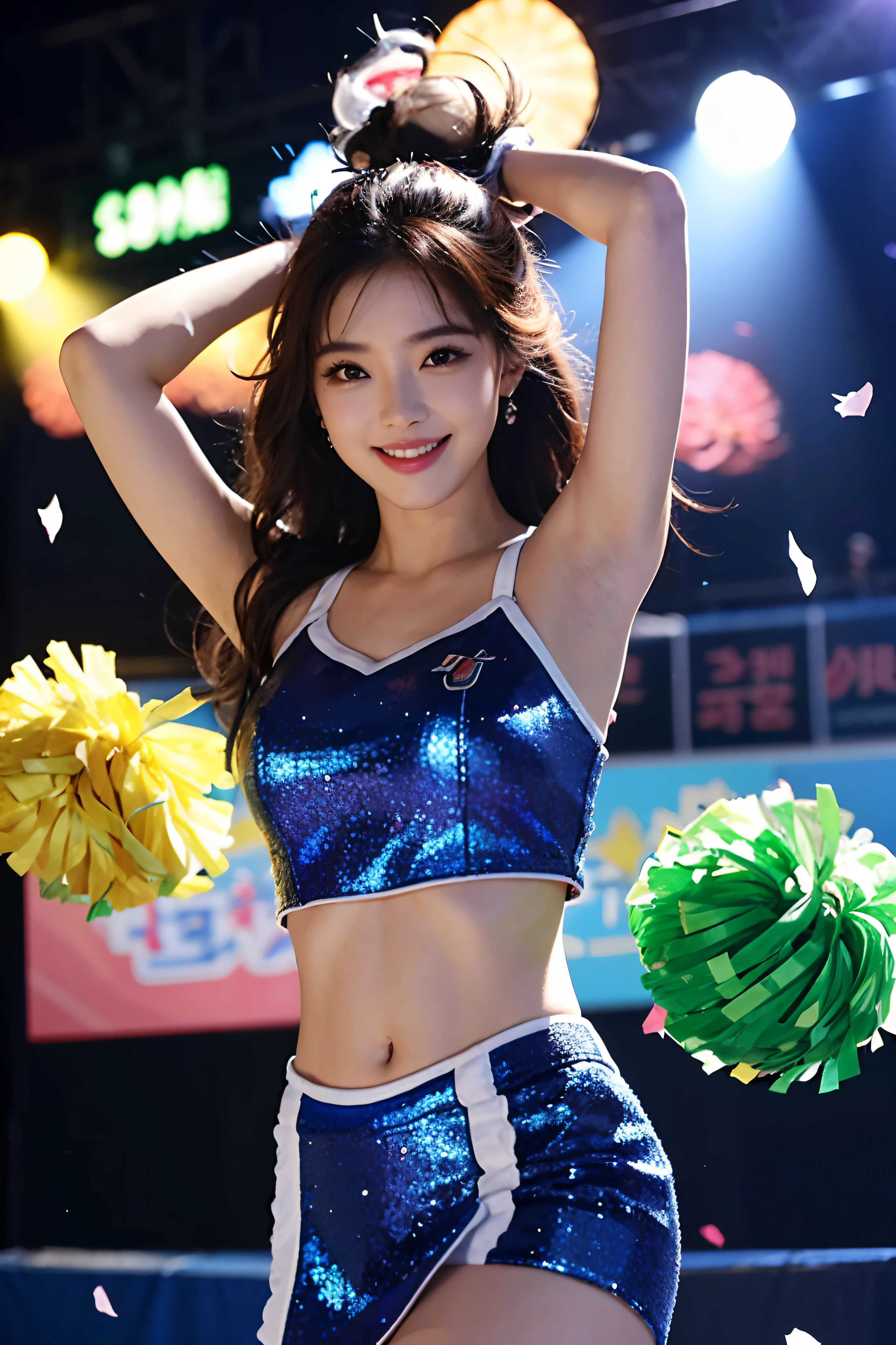 Beautiful Korean idol cheerleader
posters,Painting,high resolution,Ultra-detailed,Realistic:1.37,Vivid colors,hdr,Studio lighting,Sharp focus,
Dance energetically,Smiling happily,Perfect makeup,Stunning costumes,
crowd cheering,exciting atmosphere,dynamicposes,Expressive movements,
Beautiful hair,Sparkling eyes,rosycheeks,full pouty lips,
Colorful pompoms,Flying confetti,Glowing spotlights,
Engaging performance,Spirited cheers,Unforgettable memories