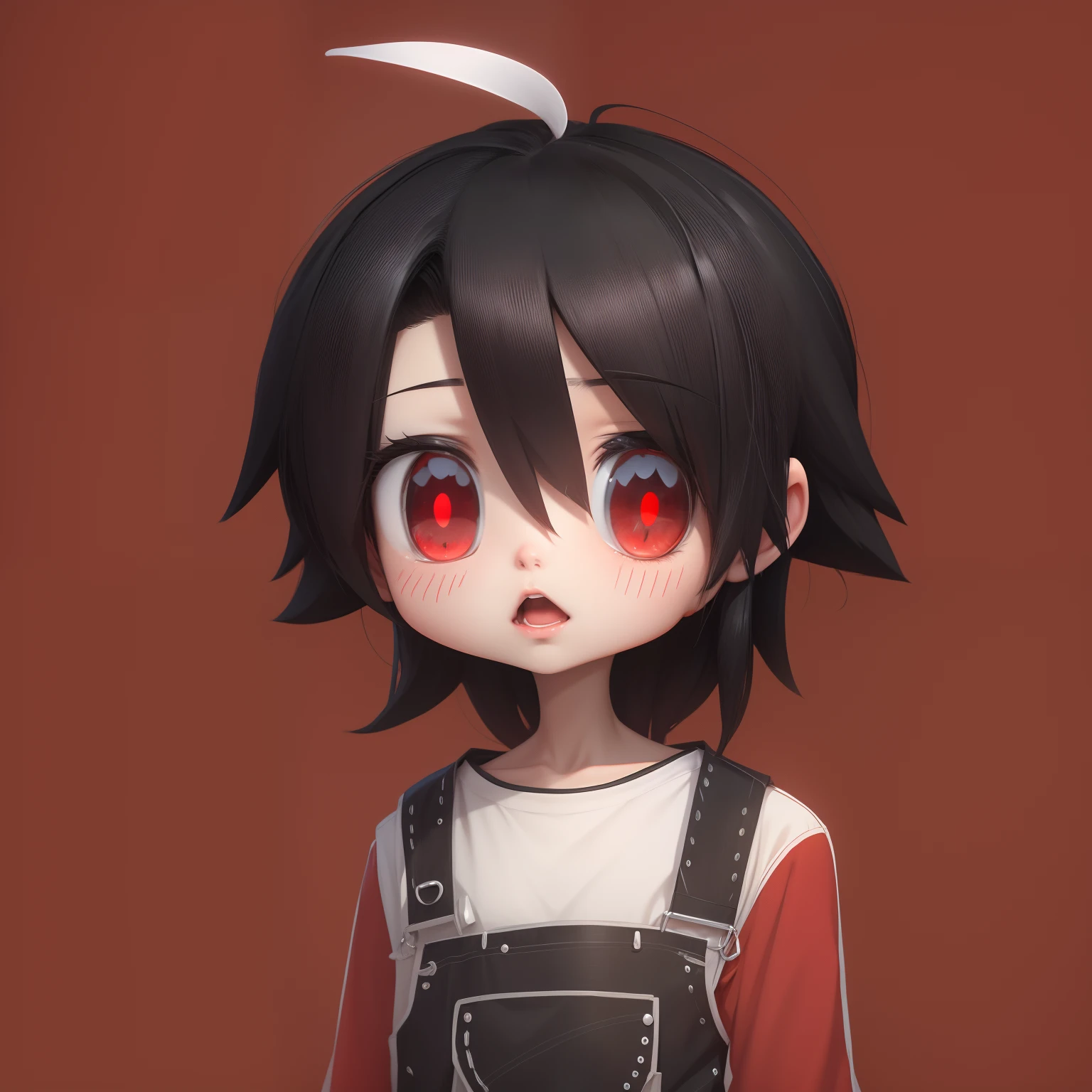 anime boy, black hair, white highlight, red eyes, overalls, cute, boy, anime, 8k, best quality, master piece