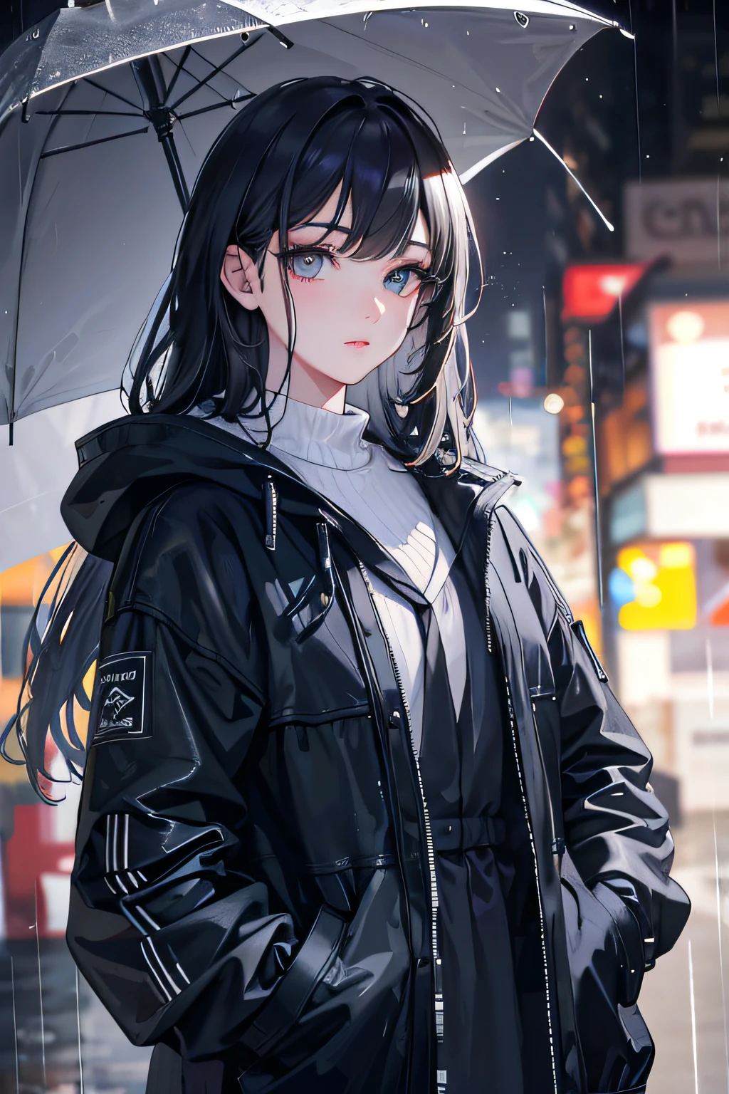 (Best quality,4K,A high resolution,Masterpiece:1.2),Ultra-detailed,(Realistic,Photorealistic,photo-realistic:1.37),hdr,hyper HD (k hd),Studio lighting,Ultra-fine painting,Sharp focus,Physically-based rendering,Extreme detail description,professional,Vivid colors,Bokeh,Portrait,Night City,rain,Coat,Insert into pocket,Beautiful detailed eyes,beautiful detailed lips,Long eyelashes,Pocket of the left hand,Hold an umbrella with your right hand
