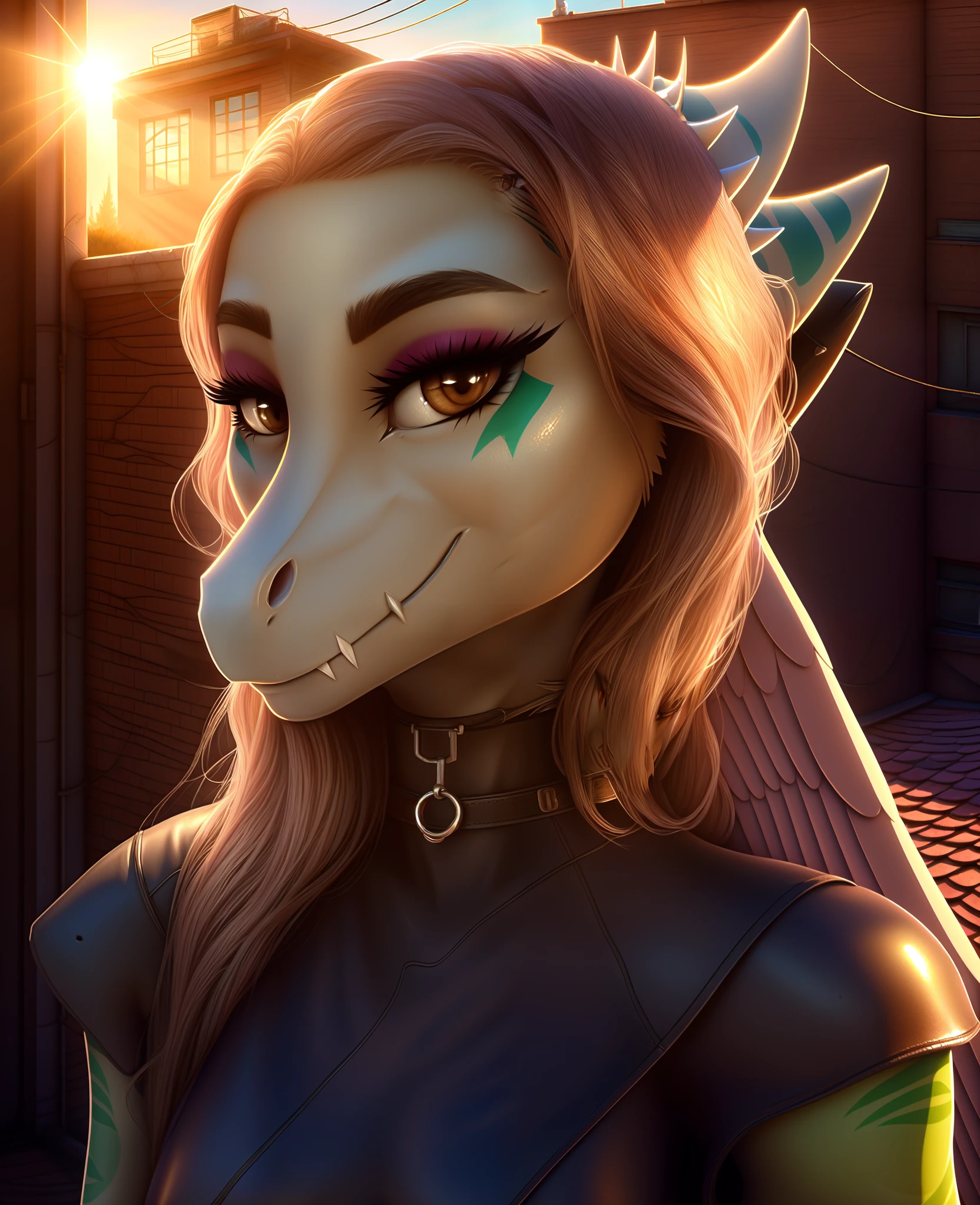 Fang, female, Dinosaur, pterodactylus, scalie, portrait, looking at viewer, rooftop, black clothes, choker, half closed eyes, wings, hair, outdoors, hdr