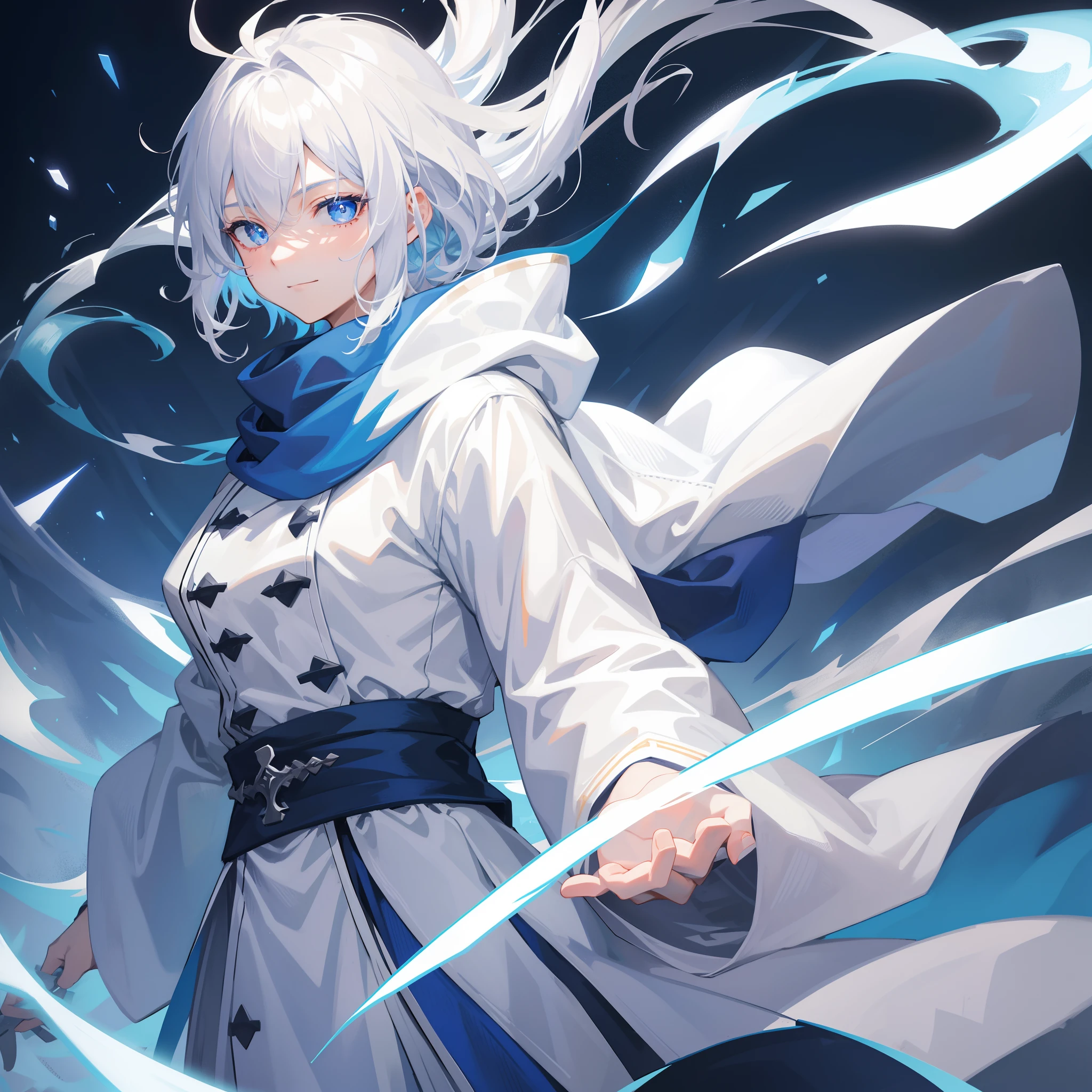 White color hair，A boy with，anime big breast，China-style，Gray robes，blue color eyes，cross-shaped pupils，ssmile，Dull hair，crossed bangs，Fluffy hair，A boy with，high qulity，Blue scarf，Lightning and lightning，The wind is raging，Libido boy，solo person，Wearing a blue scarf，Perfect hands